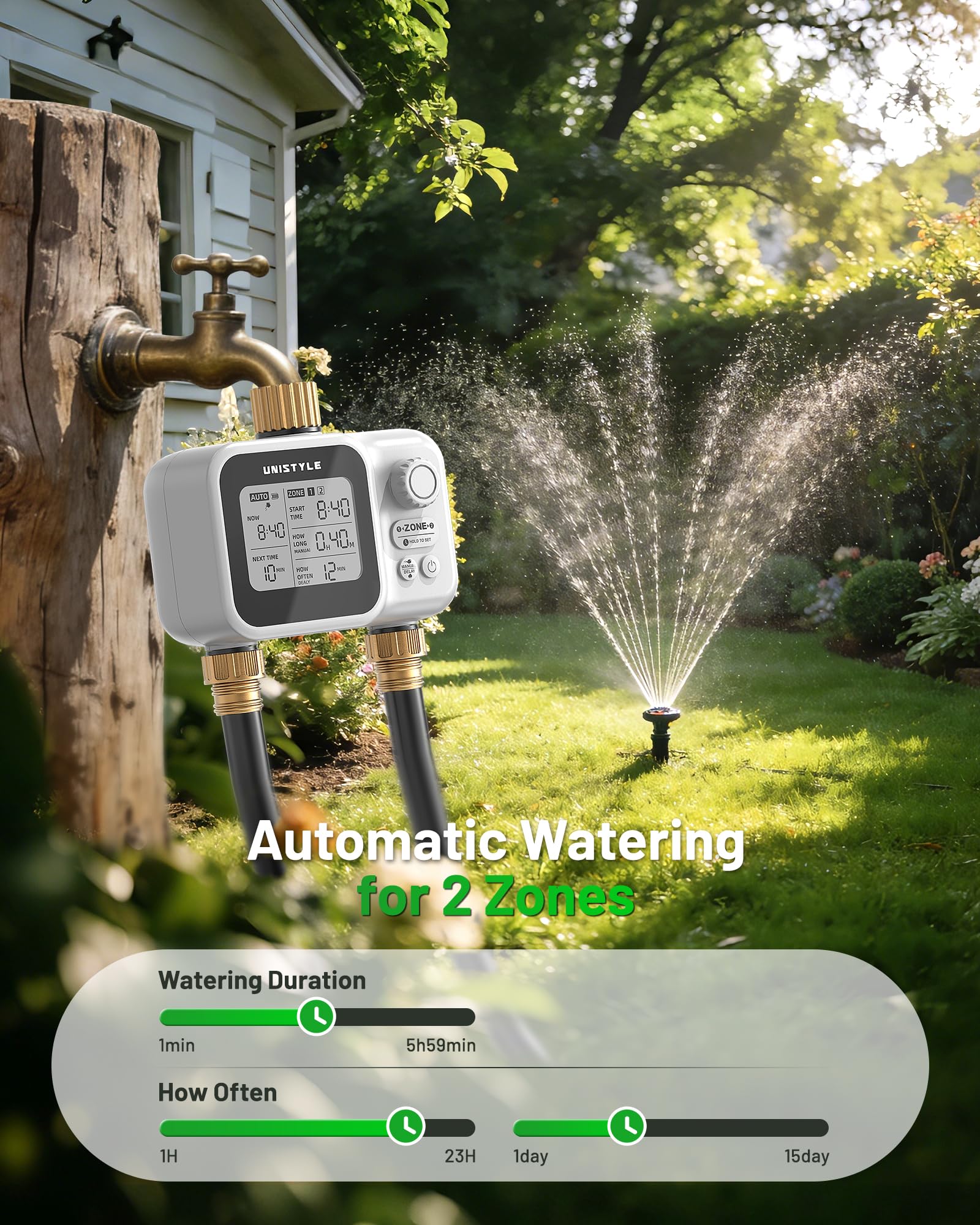 Timer a 2 zone con ingresso in ottone, fonti d'acqua a bassa pressione, valvola a sfera Unistyle per tubo da giardino, ritardo della pioggia, controllo manuale, irrigazione automatica per timer per