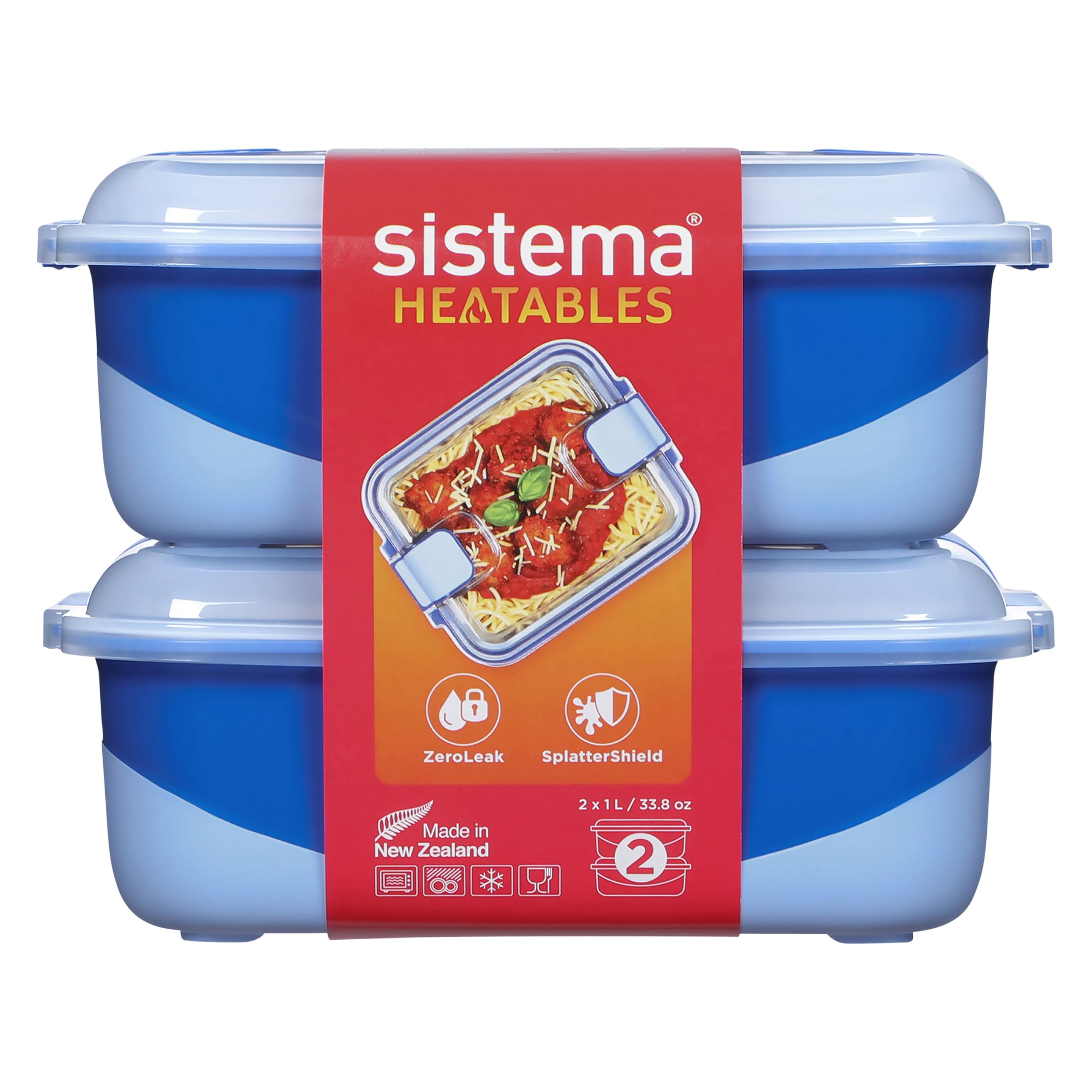 Sistema 100% Leakproof Heatables Microwave Food Container with Easy-Open Vents, Dishwasher Safe,1L Rectangle, Lazuli, 2Pk