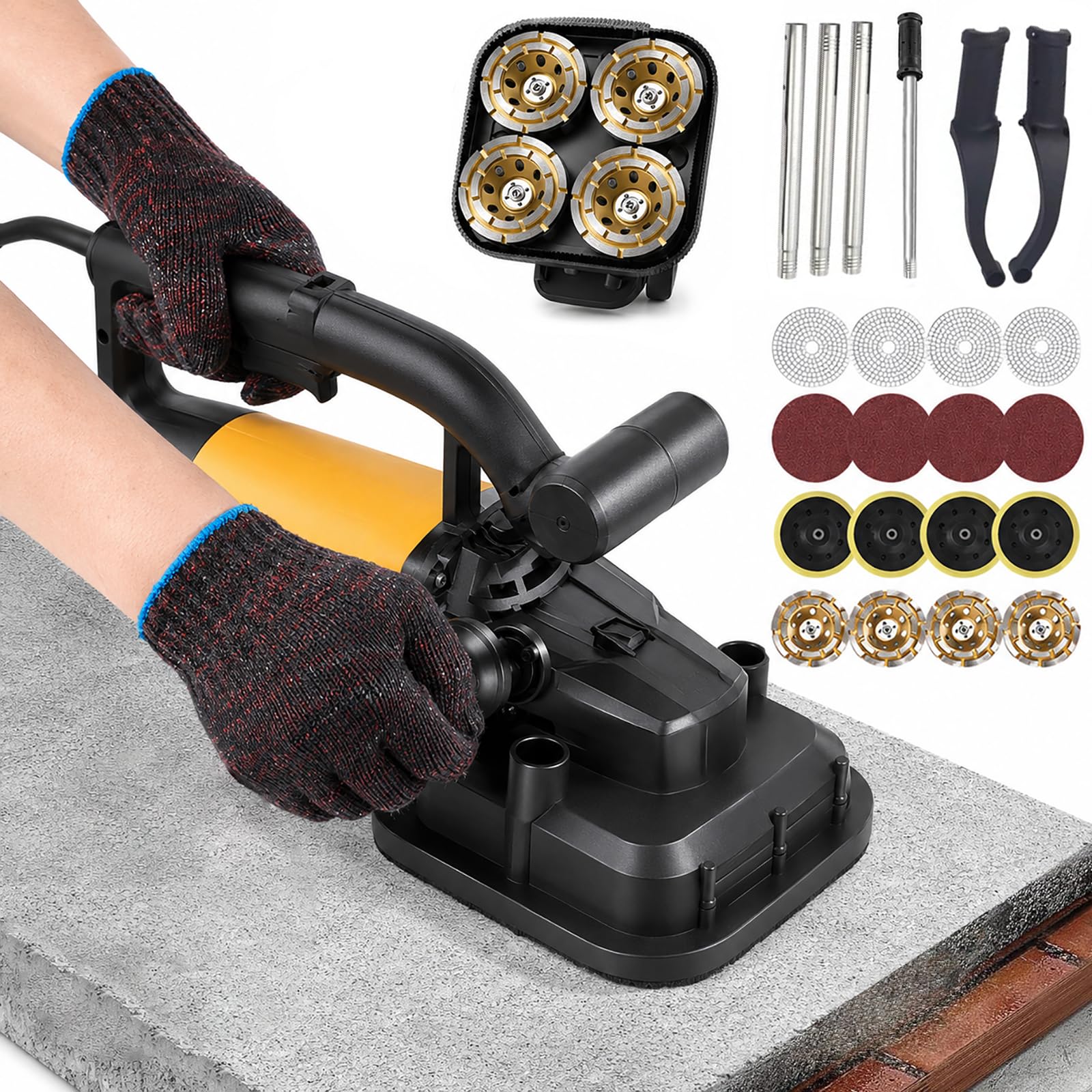 Hcauynn Kita Concrete Floor Grinder 3800W, 4-Head Floor Grinder For Concrete With 6-Speed Control, Concrete Sander For Epoxy Removal, Cement Grinding & Floor Polishing