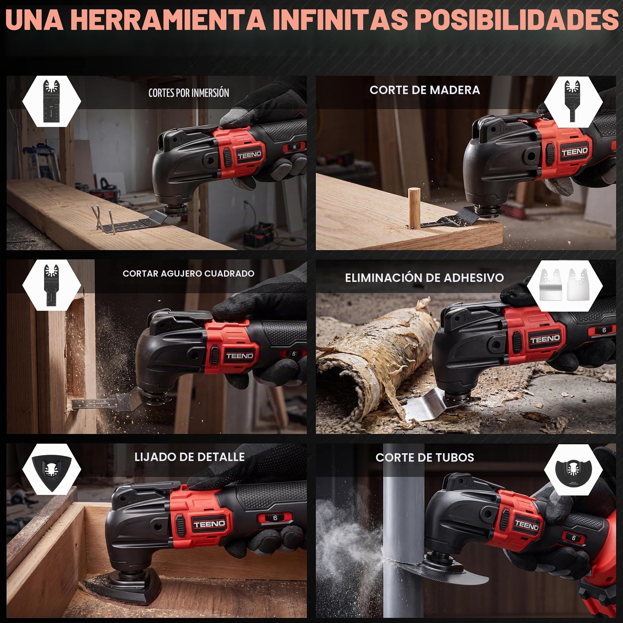 Multiherramienta Oscilante, Herramienta Multifunción Inalámbrica 20V 2 Baterías 4.0Ah, Motor Sin Escobillas con Luz LED, 6 Velocidades, 8500-21000 RPM, Kit con Cargador y Accesorios