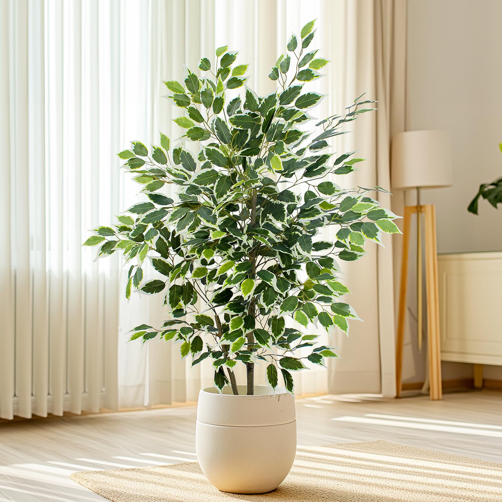 Yepdin Artificial Ficus Tree - 4 FT Tall Silk Fake Tree with Pot - Lifelike Foliage & Branches for Indoor/Outdoor Decor