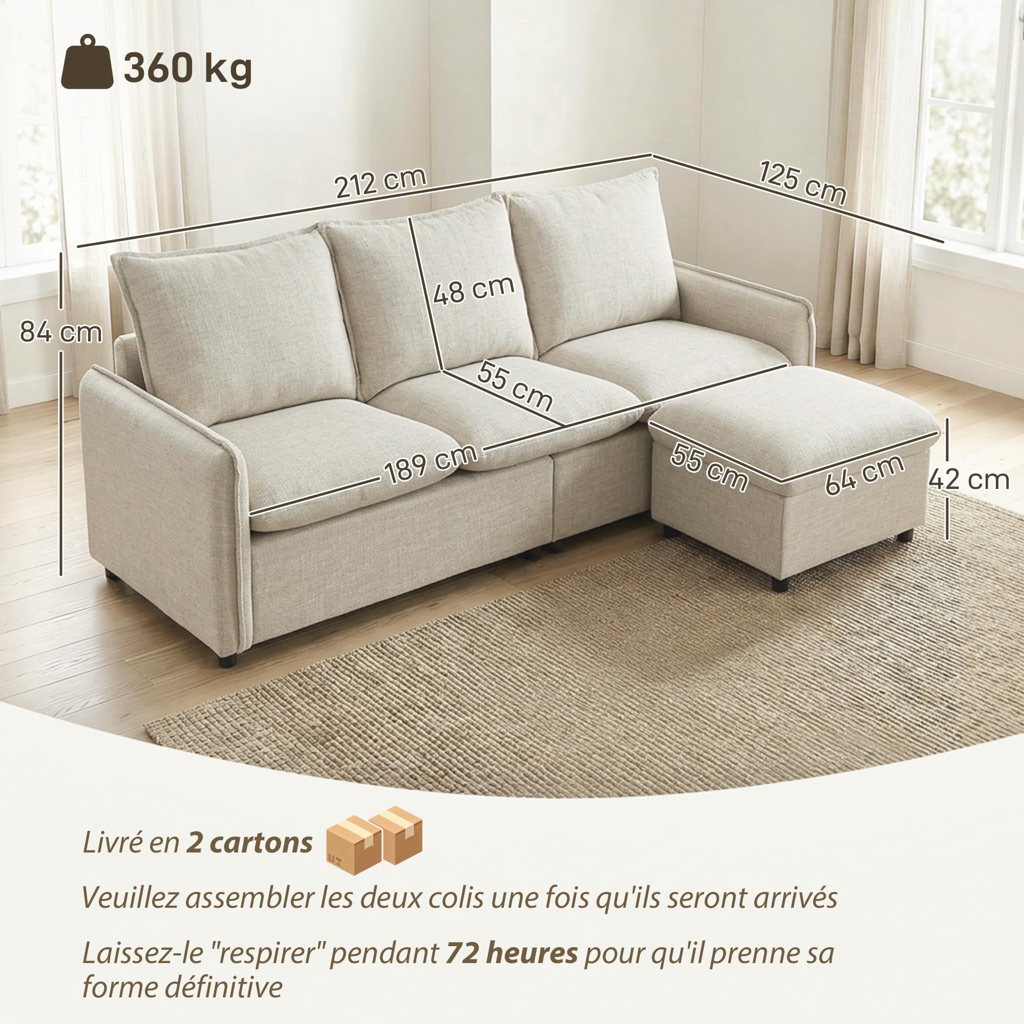 HOMCOM Divano a 3 posti con pouf portaoggetti divano angolare modulabile 212 cm, design moderno seduta imbottita cuscini a molle tessuto di lino per soggiorno, camera da letto, ufficio, crema