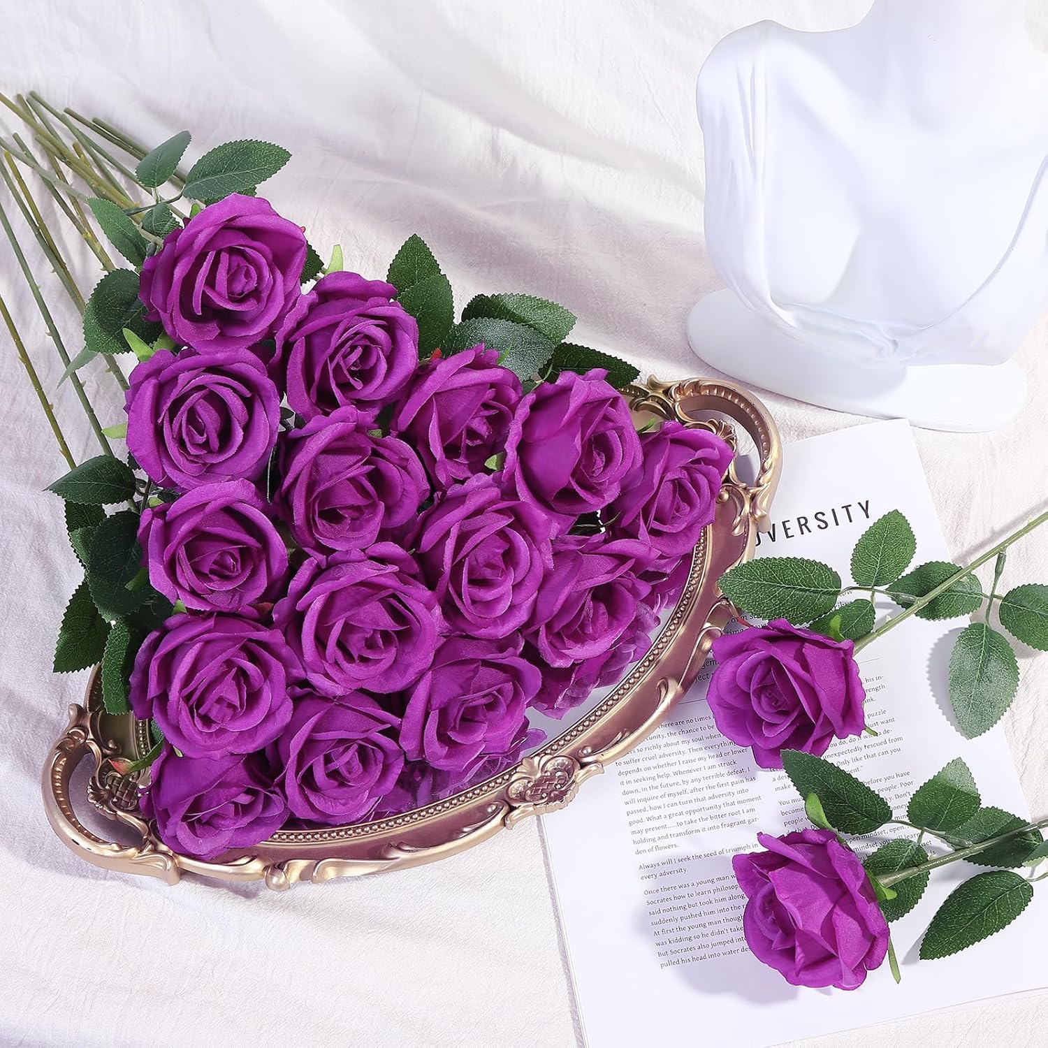72 Pcs Artificial Roses Purple Fake Silk Roses Realistic Roses Faux Flower Indoor Wedding Home Decor, Birthday Decorations