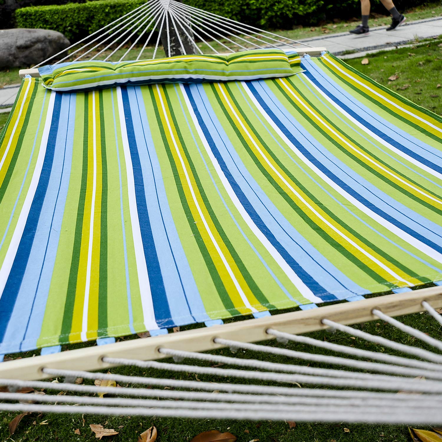 Outsunny Hamaca Colgante de Jardín para 2 Personas Hamaca Ecológico para Camping con Almohada Carga de 180 kg Rayas Azules y Verdes 3,4x1,4m
