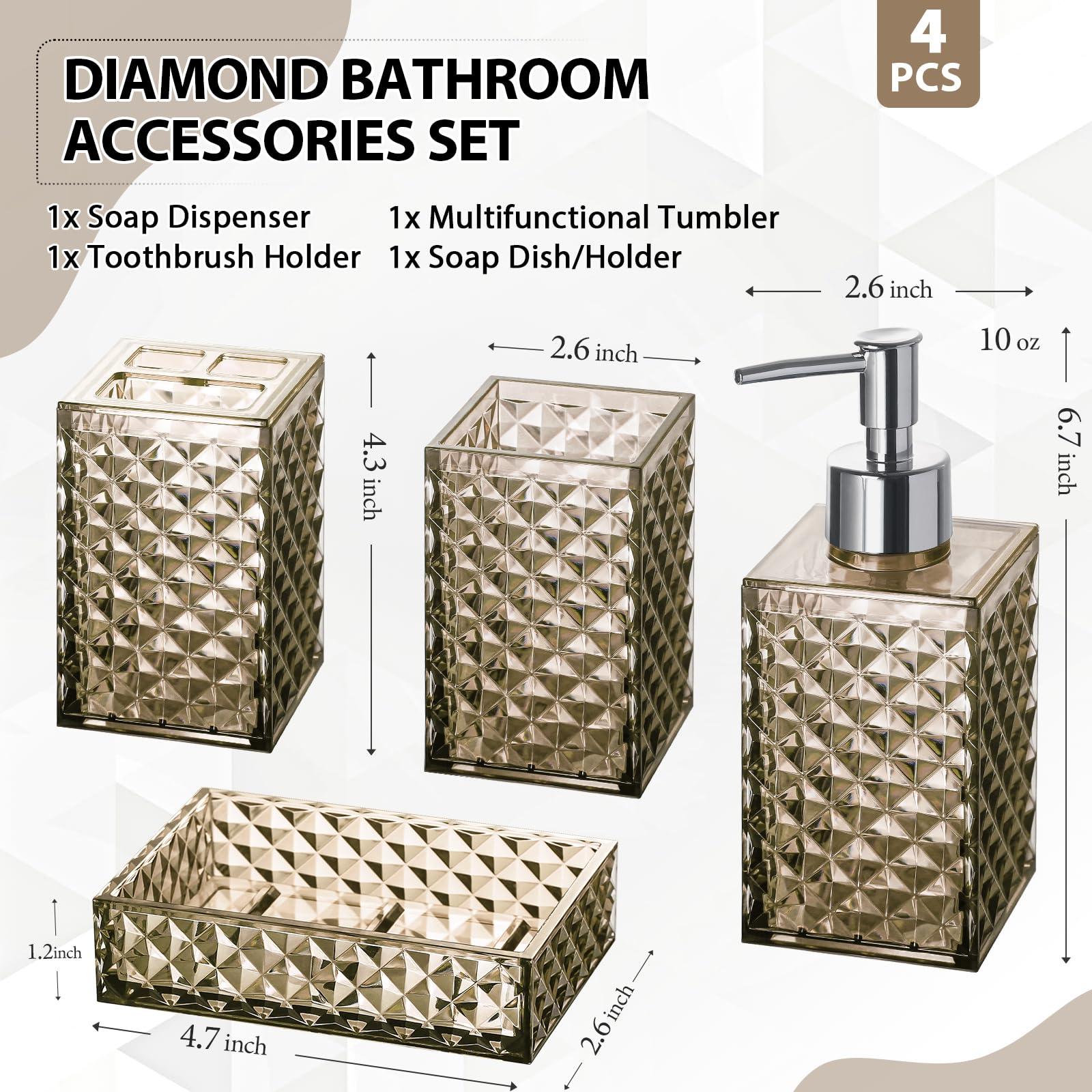 RYTOXILO Juego de accesorios de baño, 4 unidades de accesorios de baño acrílicos marrones, dispensador de jabón de diamante y soporte para cepillo de dientes, juego de fregadero de baño, decoración