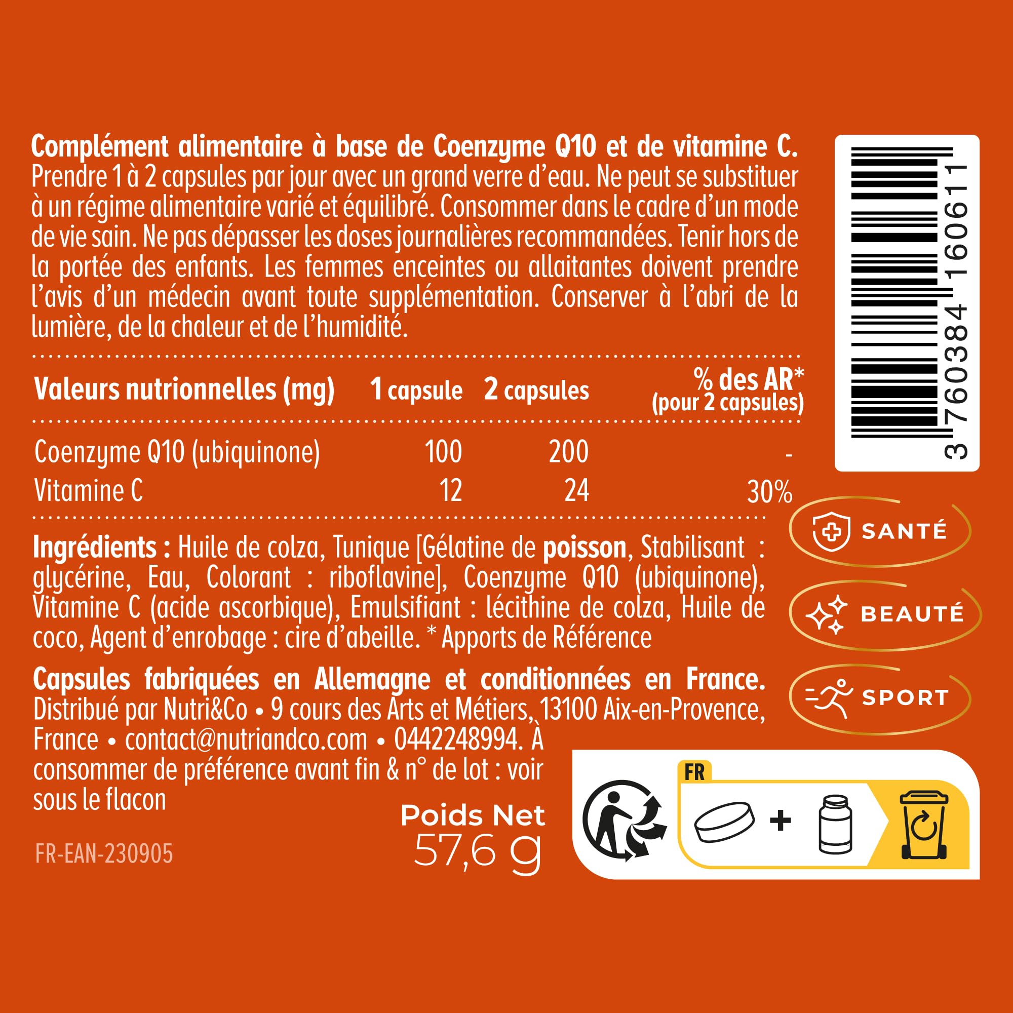 NUTRI & CO Coenzyme Q10 Ubiquinone 200mg + Vitamine C - Complément Alimentaire Peau Anti-Âge et Anti-Rides - Santé Cardiovasculaire - 120 Capsules Haute Absorption - Conditionné en France