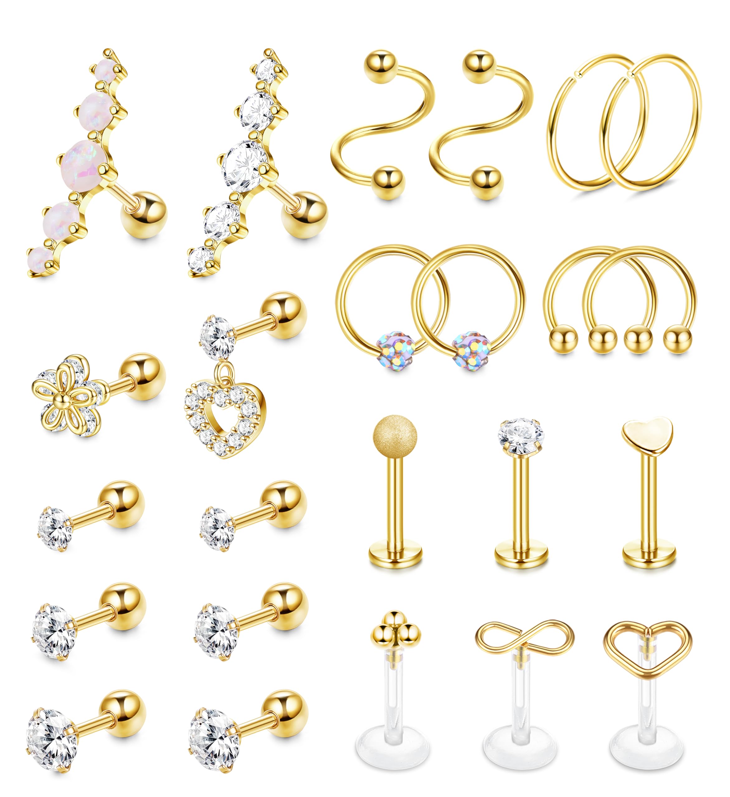 Chriscoco 24 Piezas 16G Piercing Oreja Acero Quirurgico Piercing Tragus Mujer Piercing Nariz Aro Piercing Septum Piercing Labio Piercing Helix Pendientes Piercing Oreja Plata/Oro/Oro Rosa