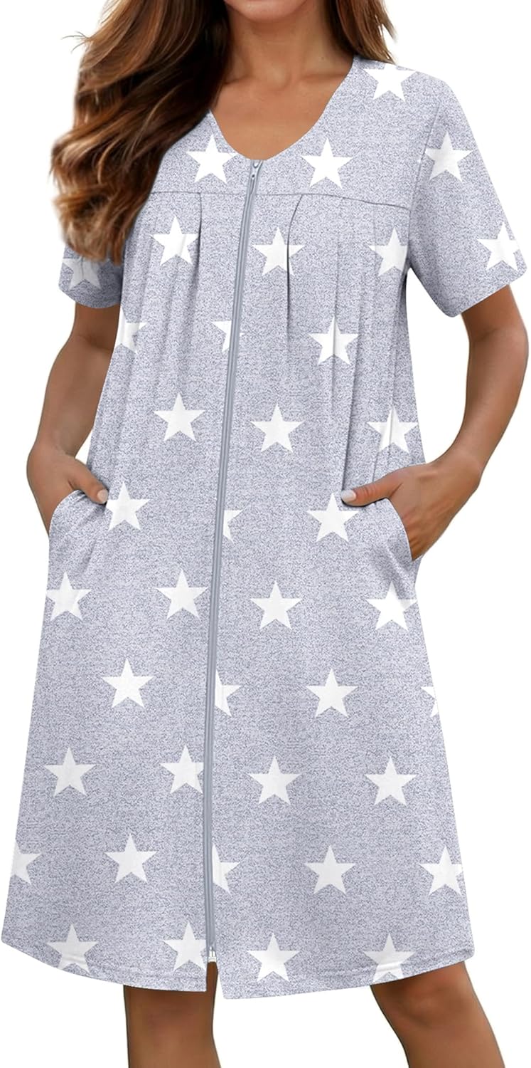 Ekouaer Zipper Robes for Women Short Knit Bathrobes Lightweight Knee Length Housecoat with Pockets Nightgown S-3XL