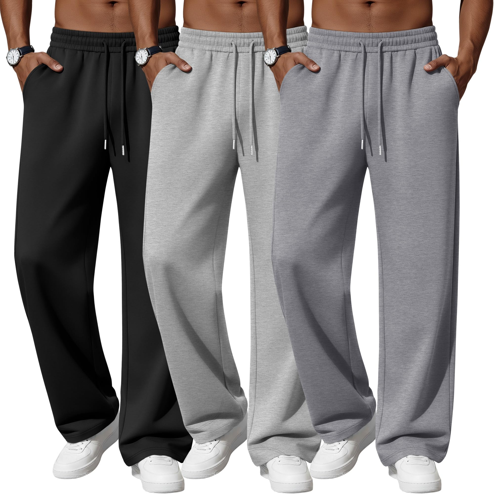 Neer 3 Pack Mens Lounge Pants Lightweight Open Bottom Baggy Sweatpants Casual Drawstring Joggers with 3 Pockets for