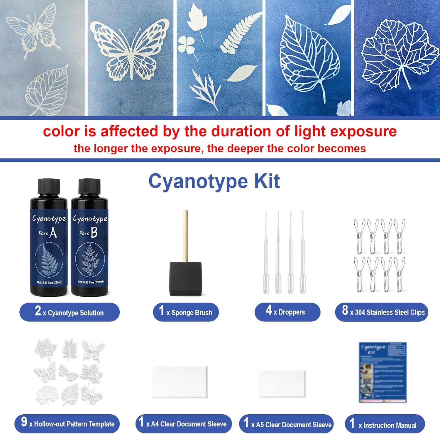 EIGTWEN 250ml Cyanotype Kit, Include 2 Component Cyanotype Solution Sensitizer Set for Photographic Blueprints on Paper and Fabric, Sun Printing Kit for Arts Crafts DIY Projects