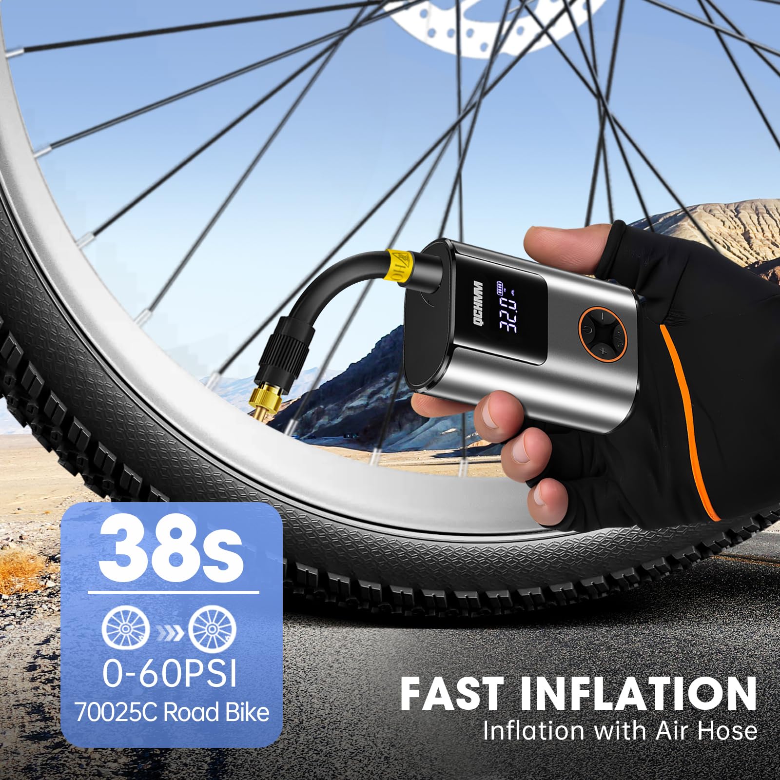 Fahrradpumpe Elektrisch, Mini Elektrische Luftpumpe Fahrrad,fahrradpumpe mit Manometer für Schrader- und Presta Ventil, 120PSI Akku Luftpumpe, PSI/BAR Units, Auto-Off und LED-Licht
