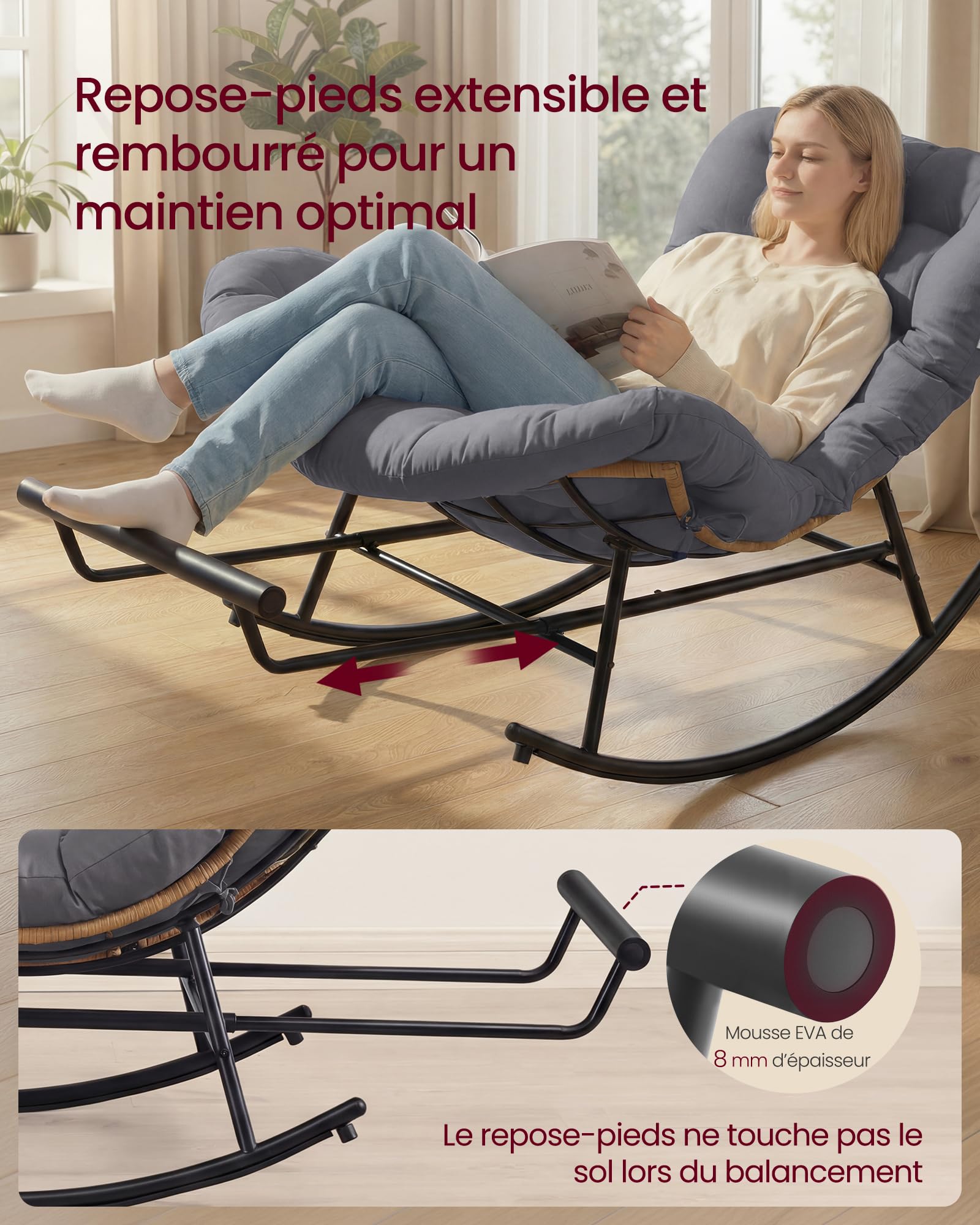 VASAGLE Fauteuil à Bascule, Fauteuil Cocooning, Structure en Acier, Repose‑Pieds Extensible, Coussin Amovible, Supporte Jusqu’à 136 kg, pour Chambre, Salon, Terrasse, Jardin, Gris LYY062GZ01