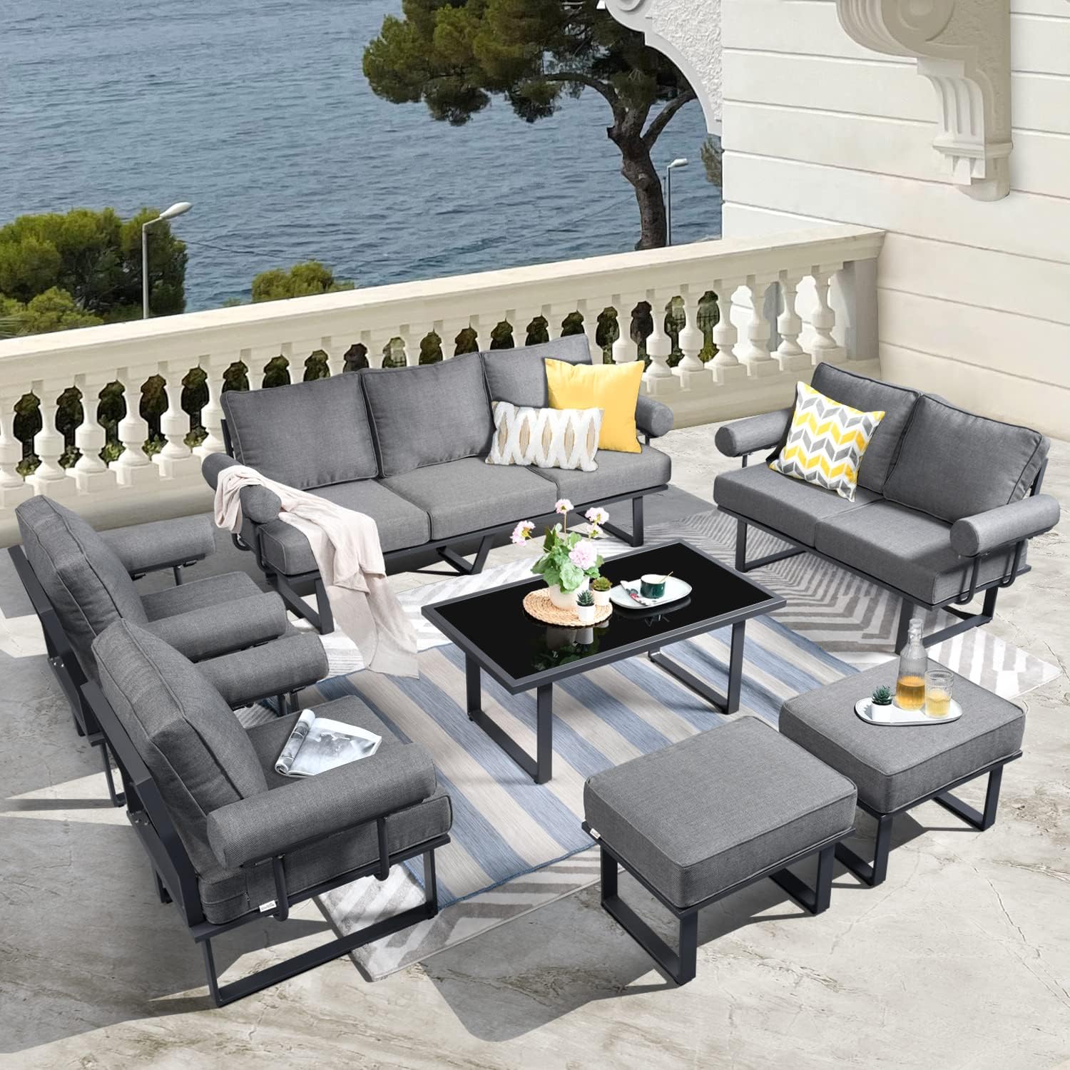 HOOOWOOO Aluminum Patio Furniture Set Outdoor Patio Conversation Set,7 Pieces Weather Resistant Outdoor Furniture Sofa Set with Armrest Cushion,Gray Frame Gray Cushion : Patio, Lawn & Garden