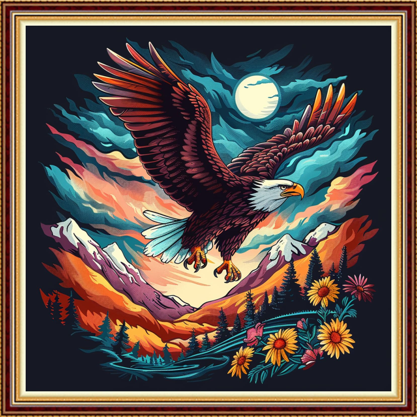 Fanxvivy Stamped Counted Cross Stitch Kits for Adults Printed Cross-Stitch Patterns 11CT Stamped or Counted Cross Stitching Embroidery Kit Needlepoint Kits-Moonlit Eagle 18x18 inch