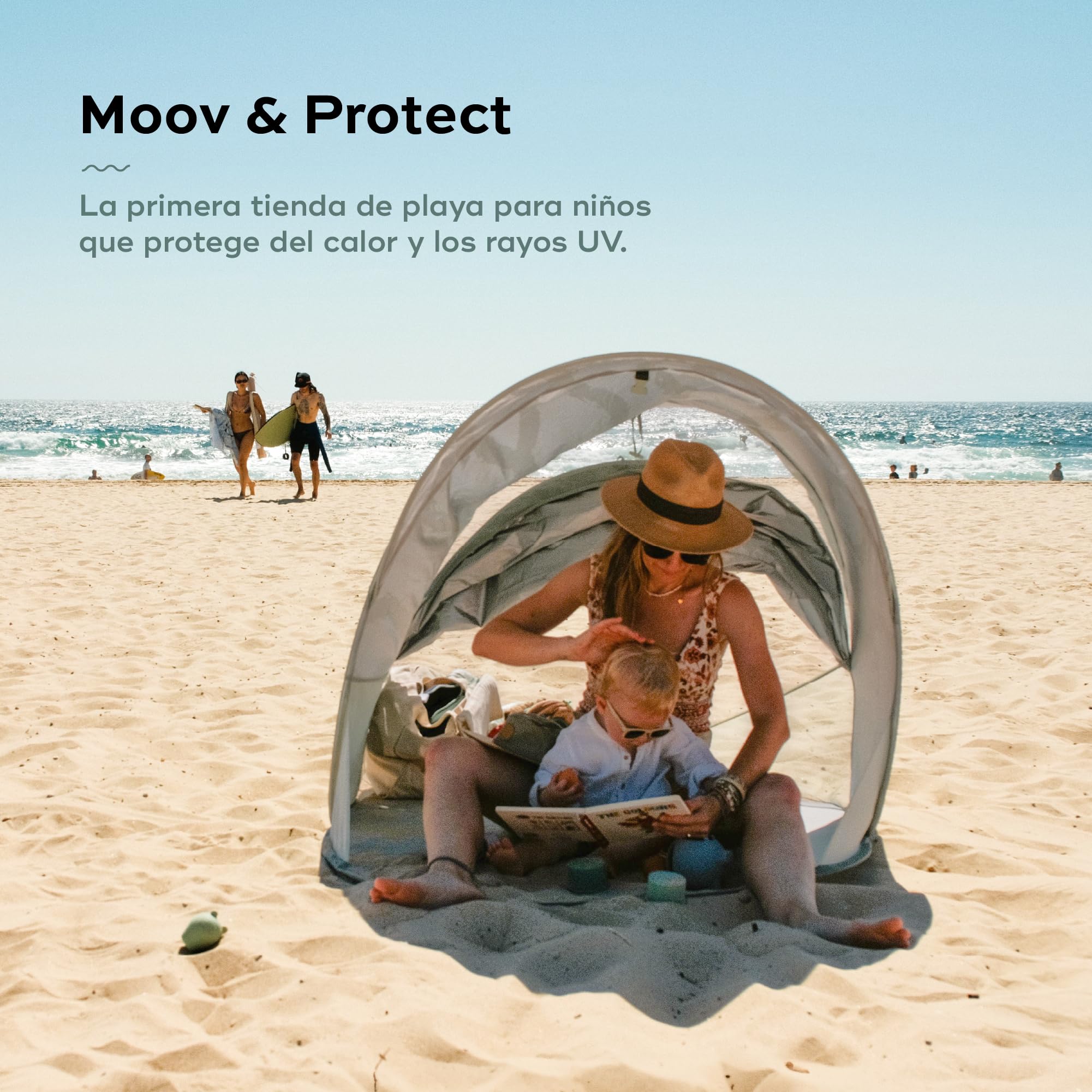 Babymoov Moov & Protect Tienda Anti-UV Refrescante - Alta Protección Anti-UV UPF 50+ - Sistema Pop Up - Gran Tienda Anti-UV de Playa - Mosquitera de Malla Fina, Laguna Verde