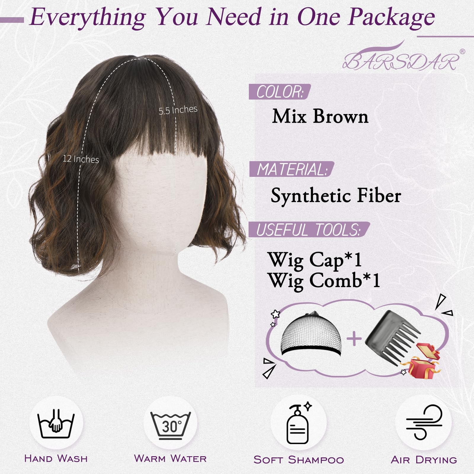 BARSDAR Short Wavy Mix Brown Wig with Bangs, Short Mix Brown Bob Wigs for Women - Image 2