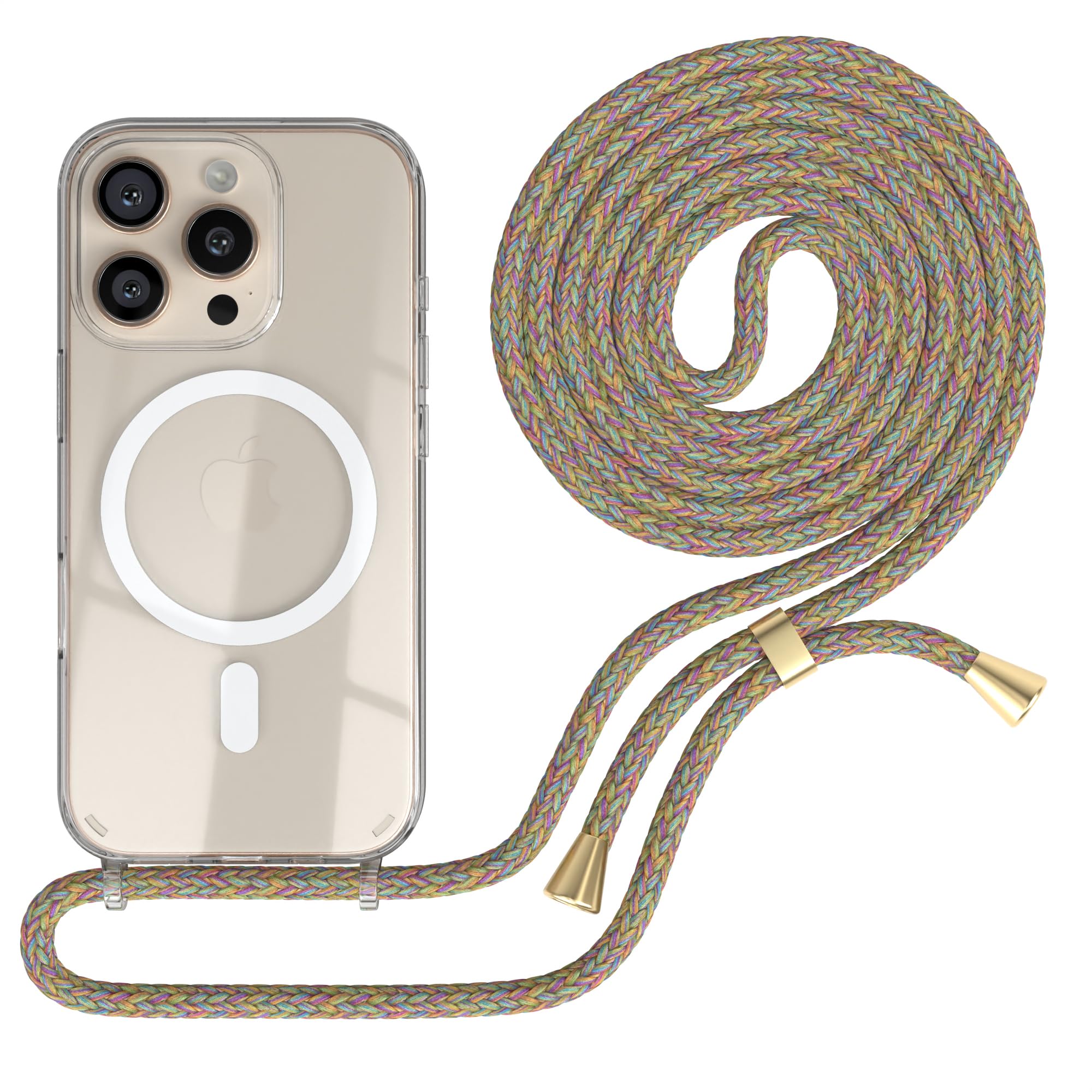 EAZY CASE - Handykette kompatibel mit iPhone 16 Pro Kette zum Umhängen Stoßfest Handyhülle für Apple iPhone 16 Pro Silikon Hülle mit Band Handytasche Transparent als Fallschutz in Rainbow