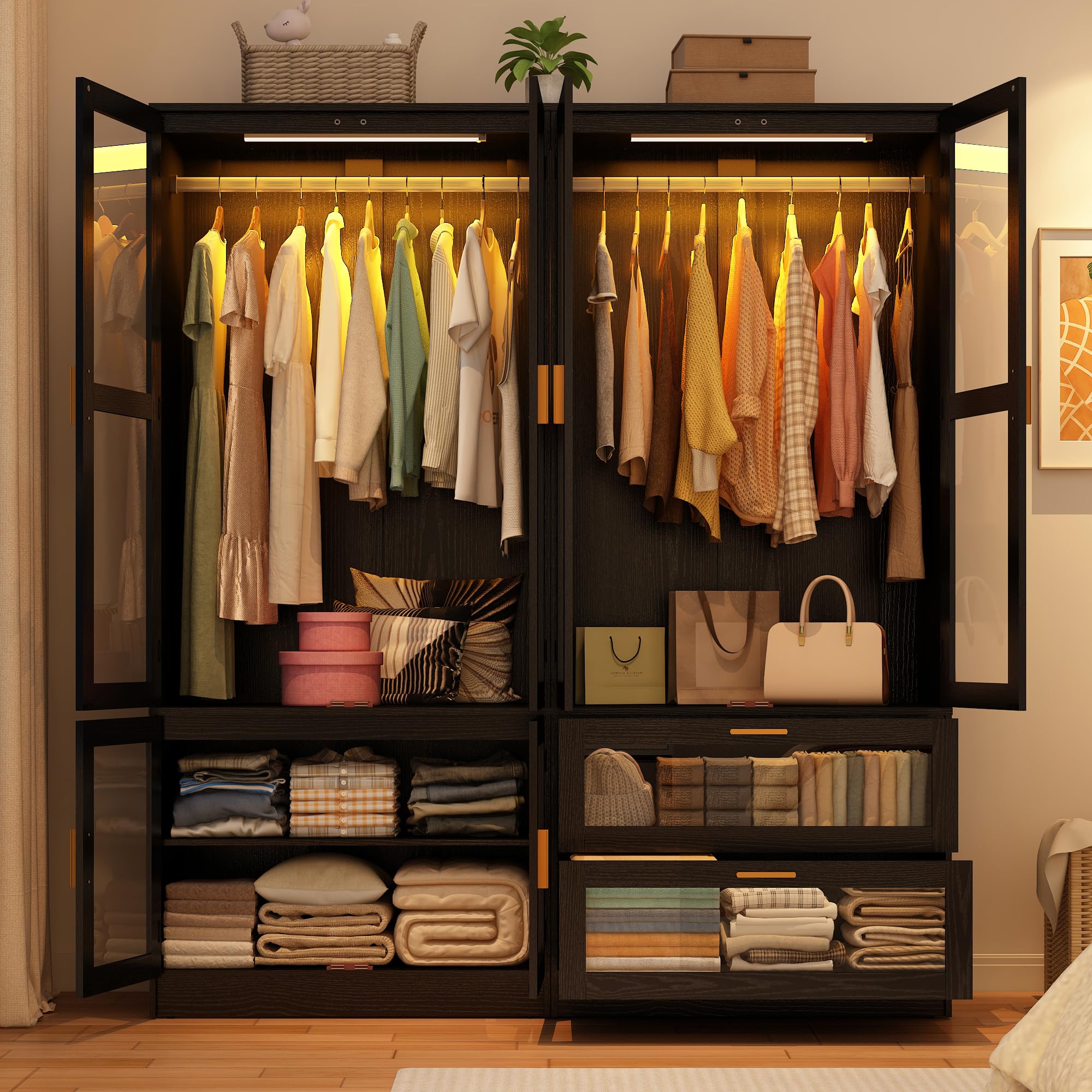 Amazon.com: 4 Doors Armoire Wardrobe Closet with LED and Mirror,71