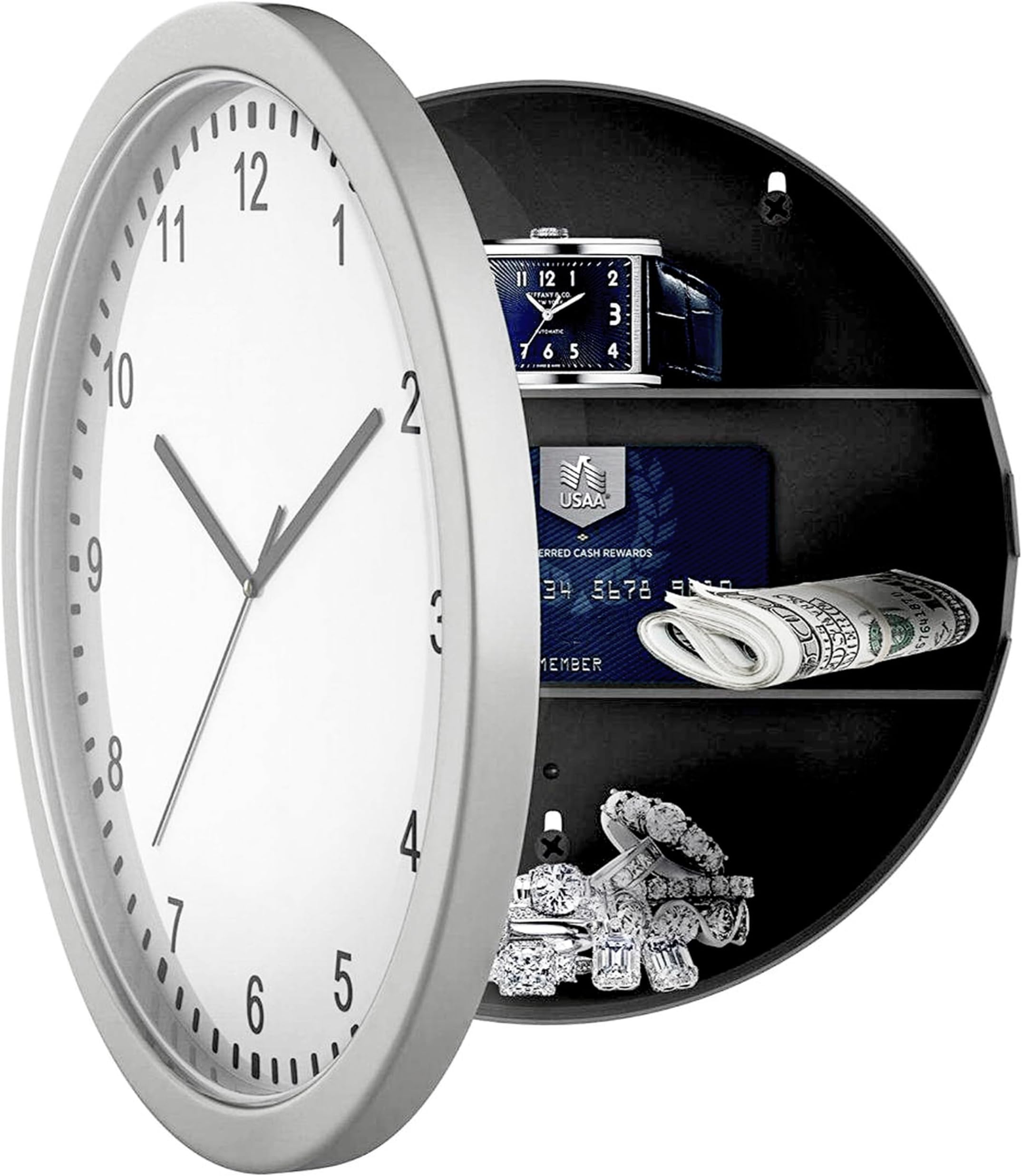GEEZY Secret Wall Clock Safe with Hidden Compartment - Battery Operated Analogue Timepiece with 3 Shelf Stash Box - Storage for Jewellery, Cash, Keys, Medicine & Valuables