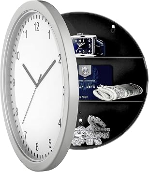 GEEZY Secret Wall Clock Safe with Hidden Compartment - Battery Operated Analogue Timepiece with 3 Shelf Stash Box - Storage for Jewellery, Cash, Keys, Medicine & Valuables