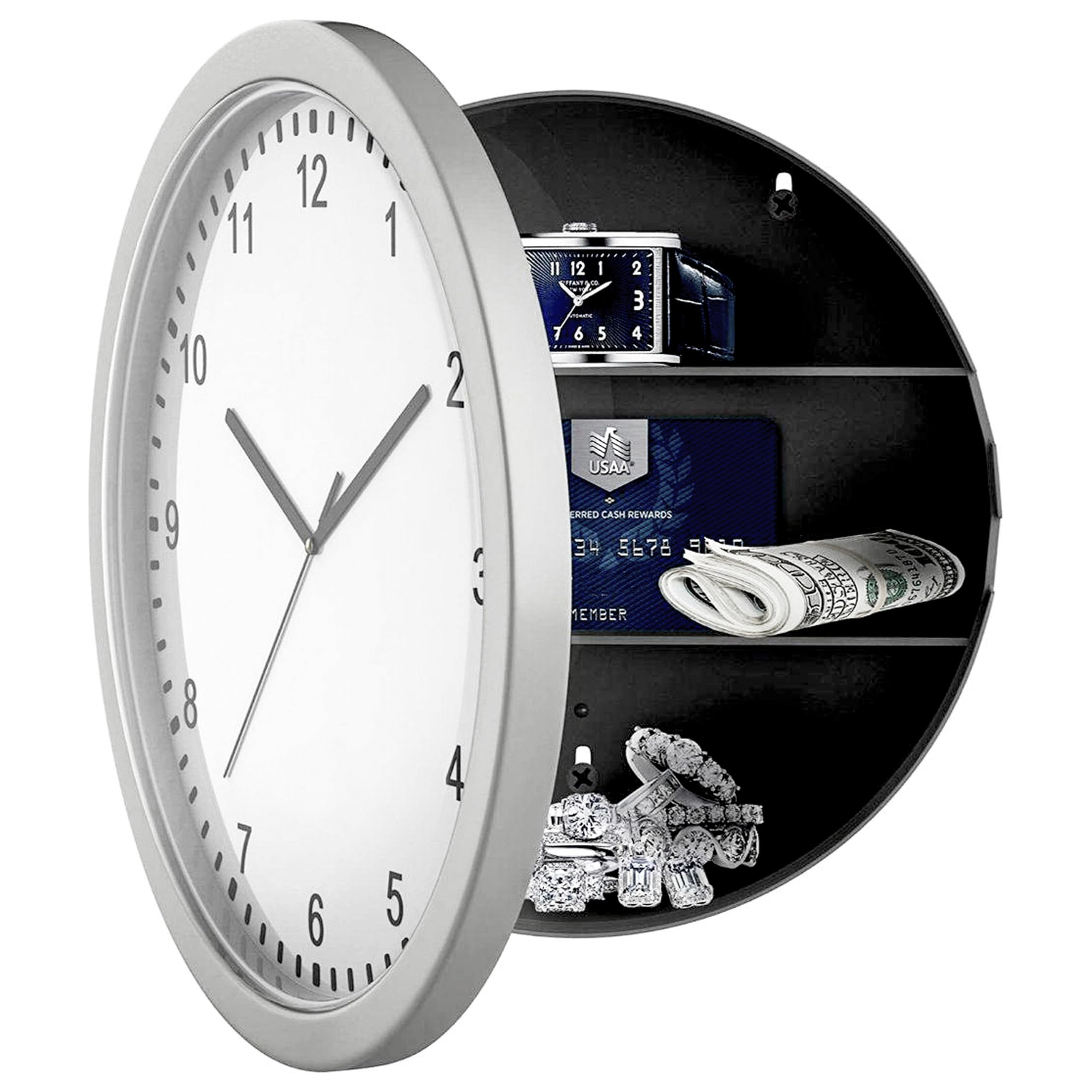 GEEZY Secret Wall Clock Safe with Hidden Compartment - Battery Operated Analogue Timepiece with 3 Shelf Stash Box - Storage for Jewellery, Cash, Keys, Medicine & Valuables