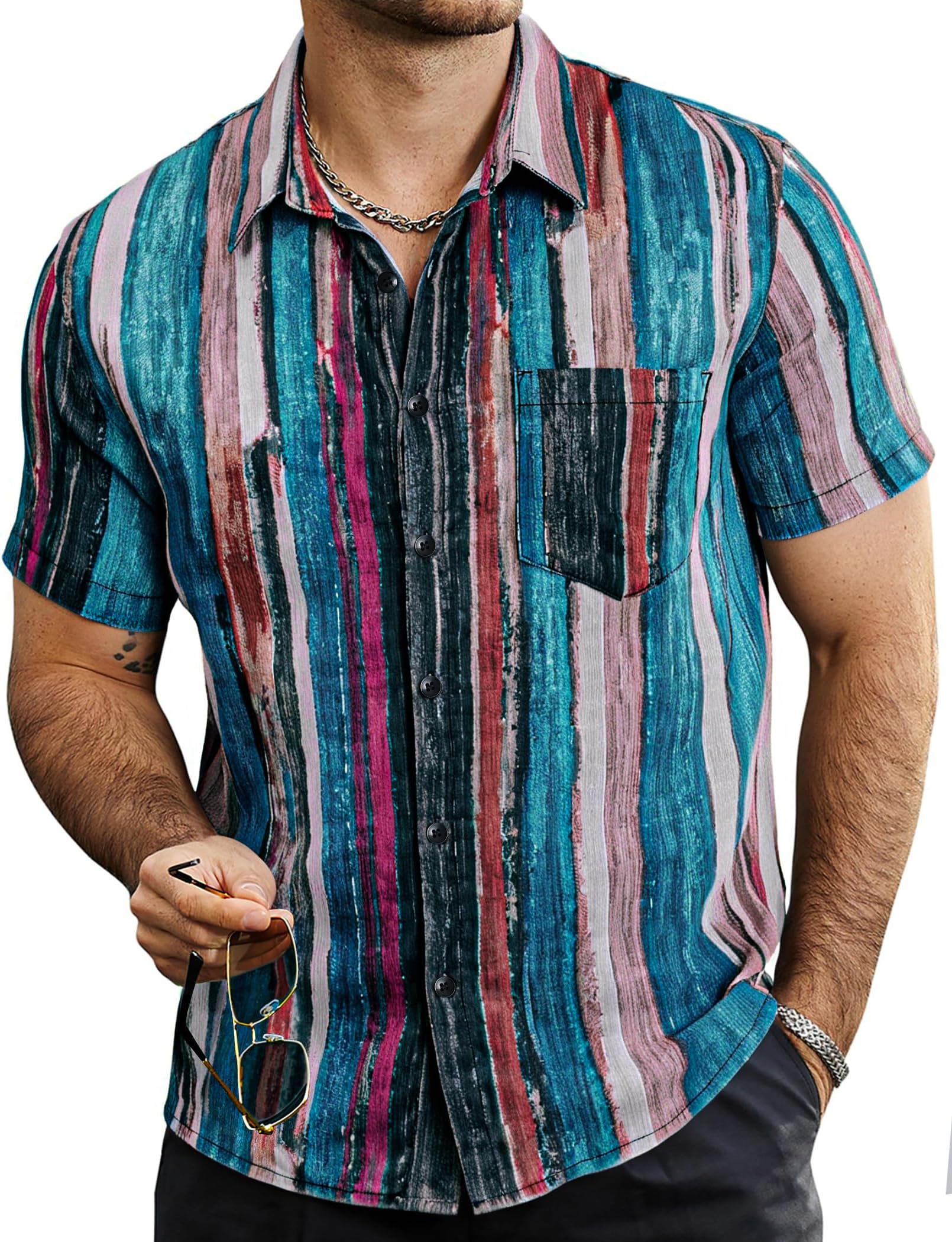Mens Summer Striped Shirts Button Down Short Sleeve Vintage Beach Hawaiian Shirts with Pocket