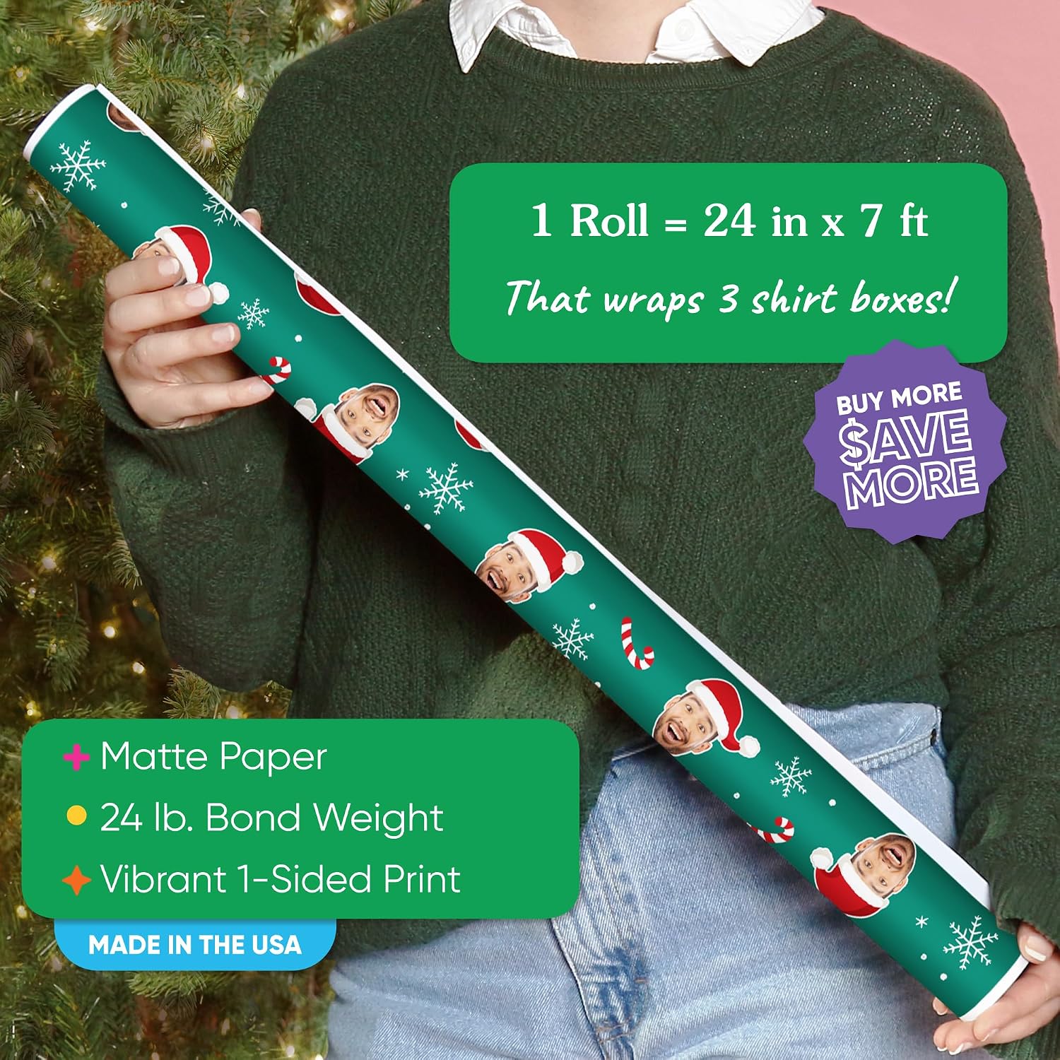 Big Dot of Happiness Santa Claus Green Personalized Photo Christmas Wrapping Paper, Funny Custom Face Holiday Gift Wrapping Paper Roll, Santa Kids Wrapping Paper, 24 in x 7 feet (1 Fun Face, 1 Roll)