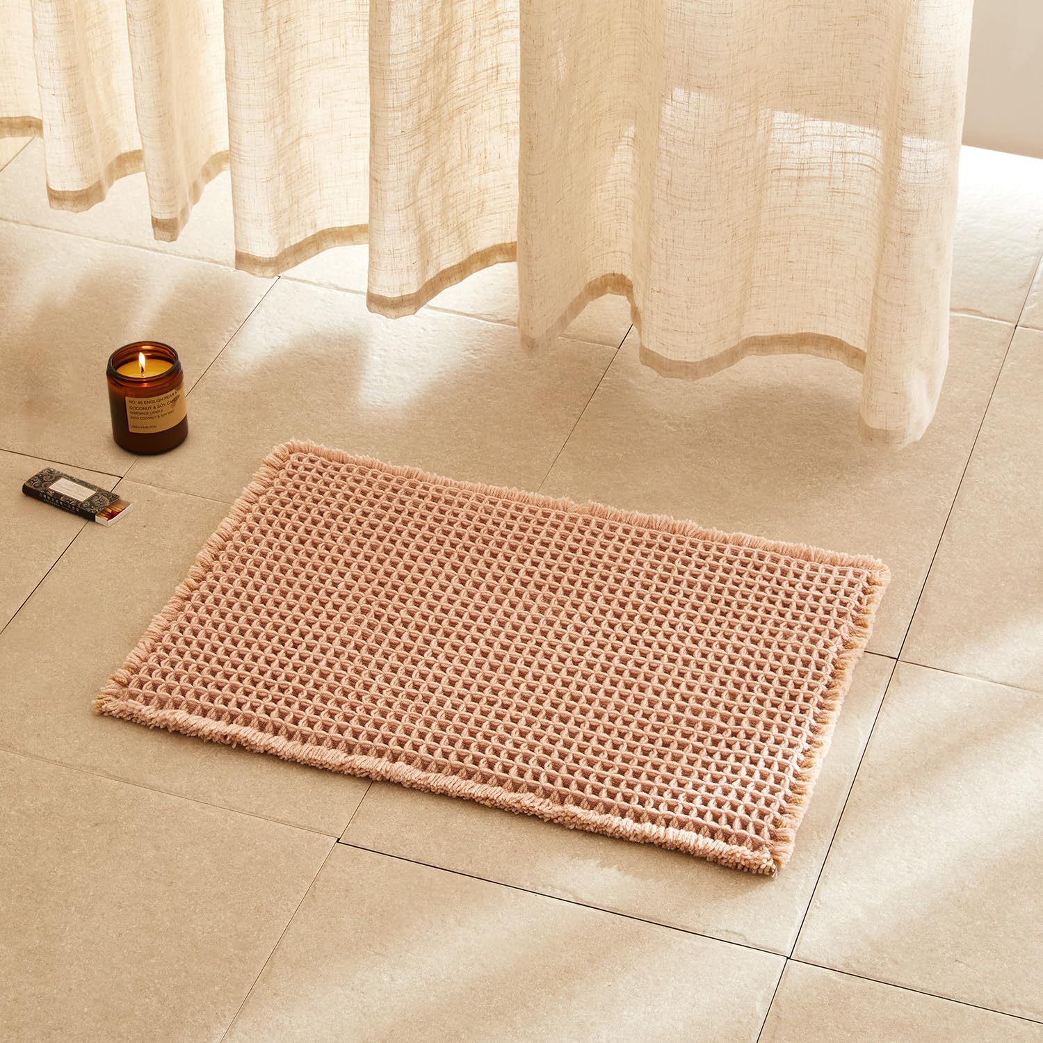 TYUU Waffle Bath Mat, Small Boho Bathroom Rugs Non Slip 24x16 Light Peach