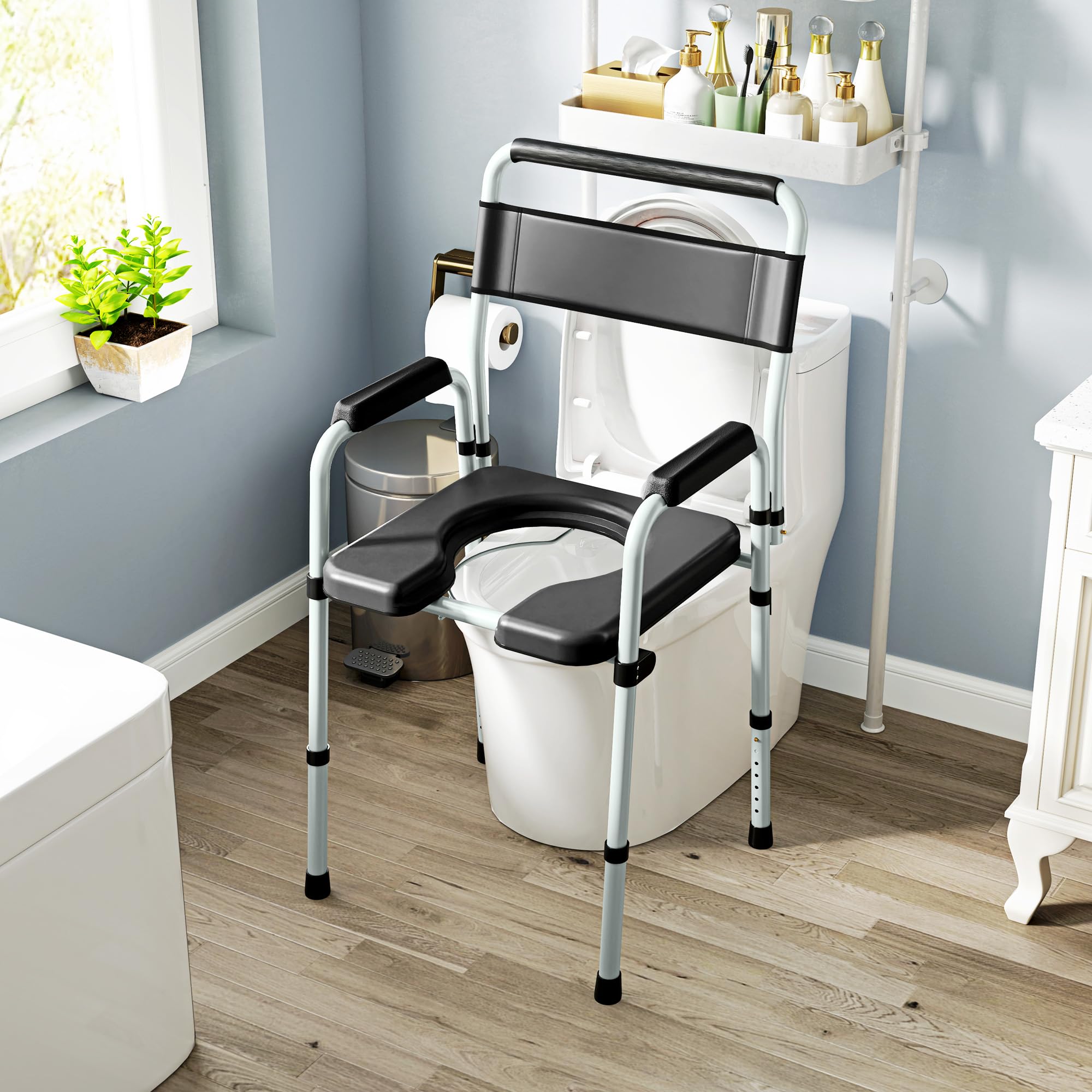 HOMCOM Sedia WC per Anziani Regolabile in Altezza su 7 Livelli 81.5-97cm con Secchio Rimovibile, Sedia Comoda WC Pieghevole con Braccioli e Schienale in Acciaio e Pelle PU, Capacità Peso 150 kg, Nero