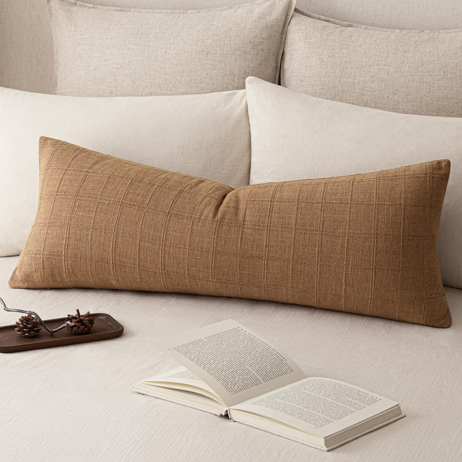 Foindtower Set of 1 Decorative Linen Check Throw Pillow Cover Neutral Farmhouse Lumbar Cushion Cover Soild Modern Boho Home Decor for Sofa Chair Couch Bedroom Living Room,14×36 Inch,Brick