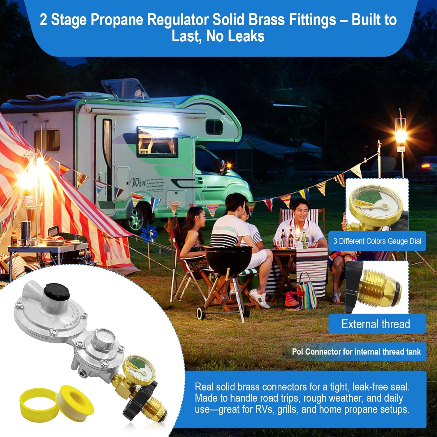 Propane Tank Adapter 2 Stage Propane Regulator with Gauge & POL,Rv Propane Regulator 3/8" NPT for 20–100lb Tank,Propane Tank Regulator for Grill,Heater, Camper,Generator,Trailer,ASME & LP Tanks Etc.