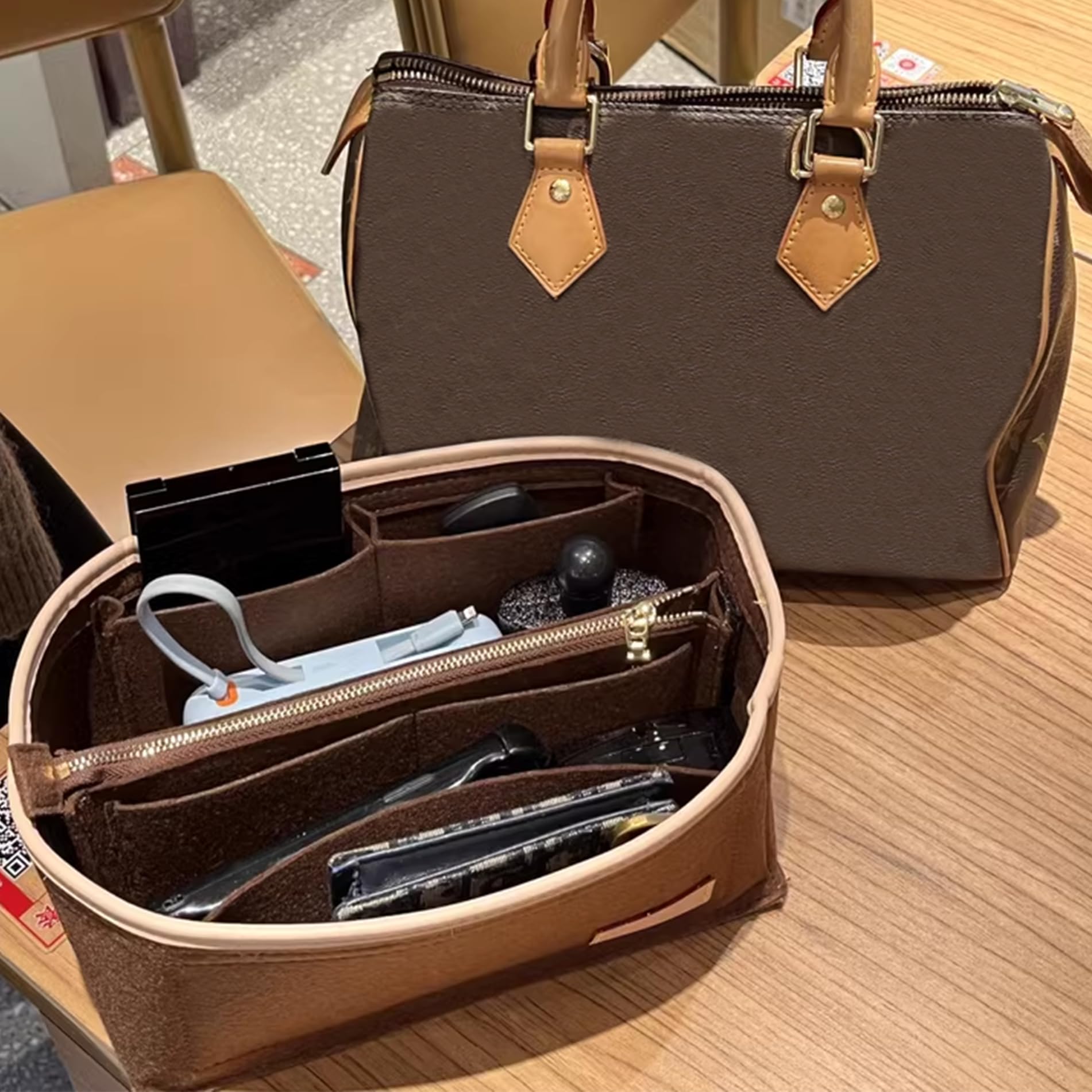 Doxo Set di 2 organizer per borsa e base in feltro per LV Speedy 25 e Neverfull PM (M-marrone)