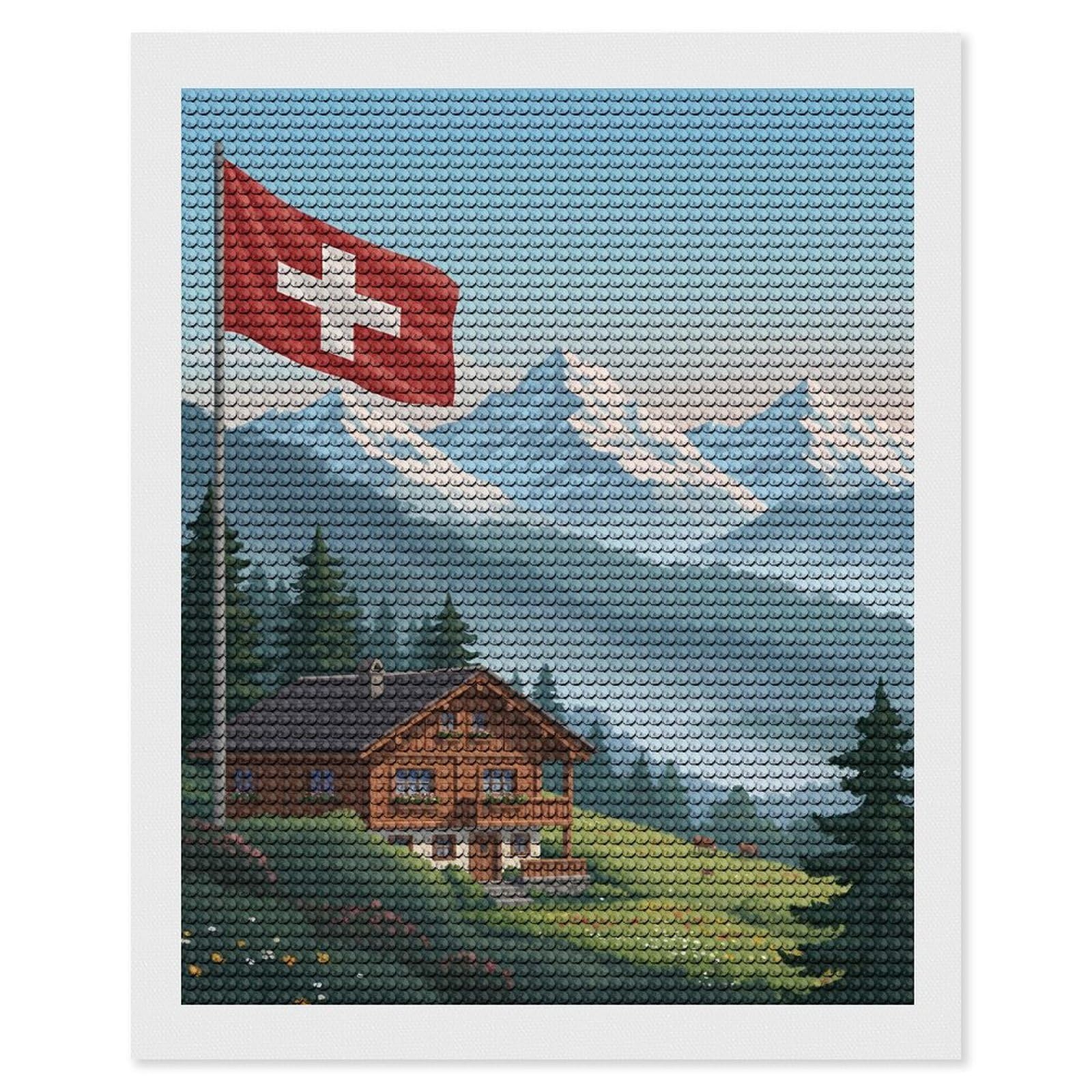 Junmoney Swiss Chalet with Flag and Mountains Diamond Art Canvas 16"x20", Full Kit Included, Bedroom Decor, for Beginners, Thoughtful Handmade Gift