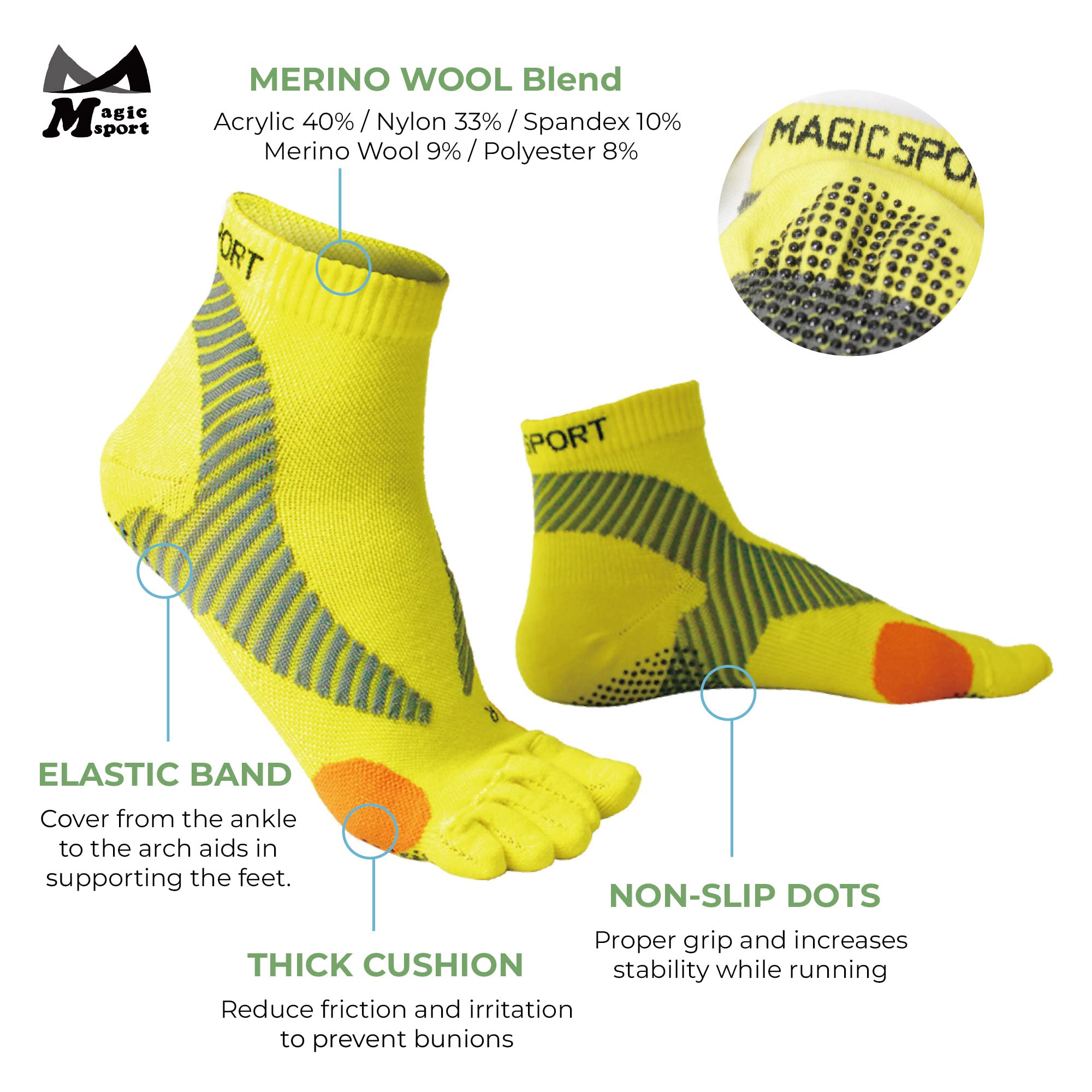 Merino Wool Blend Non-Slip Above Ankle Toe Socks, Five Finger, Men and Women, Running, Hiking, Cycling, Camping