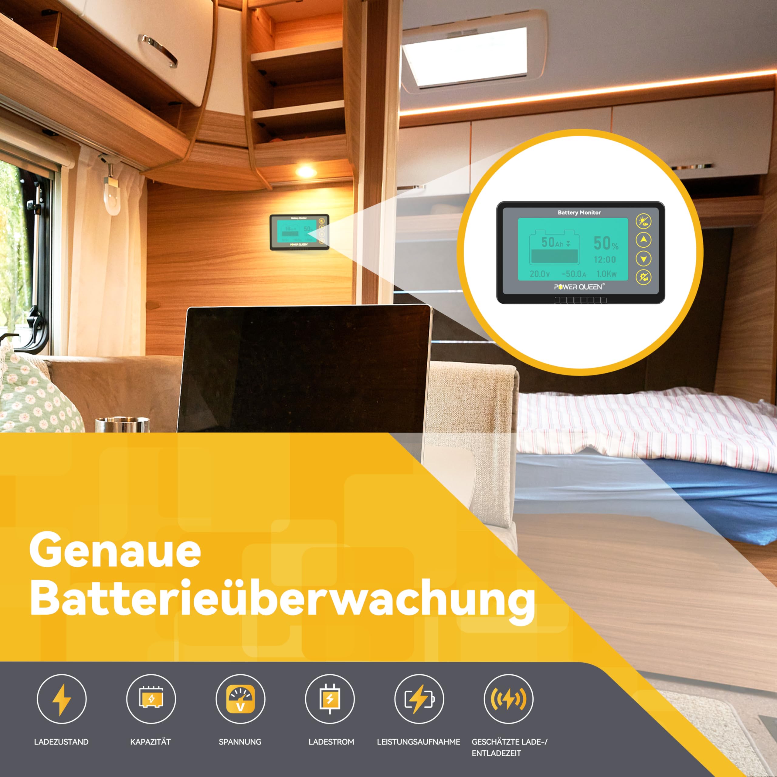 Power Queen 500A Batteriemonitor mit Shunt Programmierbarer Alarm 8V-120V Spannungsbereich LCD Anzeige 20ft Geschirmter Draht Kompatibel mit 12V Lithium, LiFePO4, Gel, überfluteten Batterien