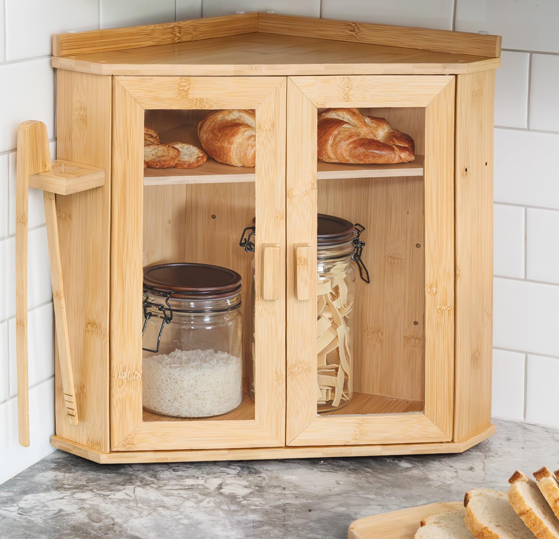 Scatola per pane angolare per piano di lavoro della cucina, grande capacità, per bancone della cucina, con spazio extra sulla parte superiore, contenitore per il pane a due ripiani con pinze, in bambù