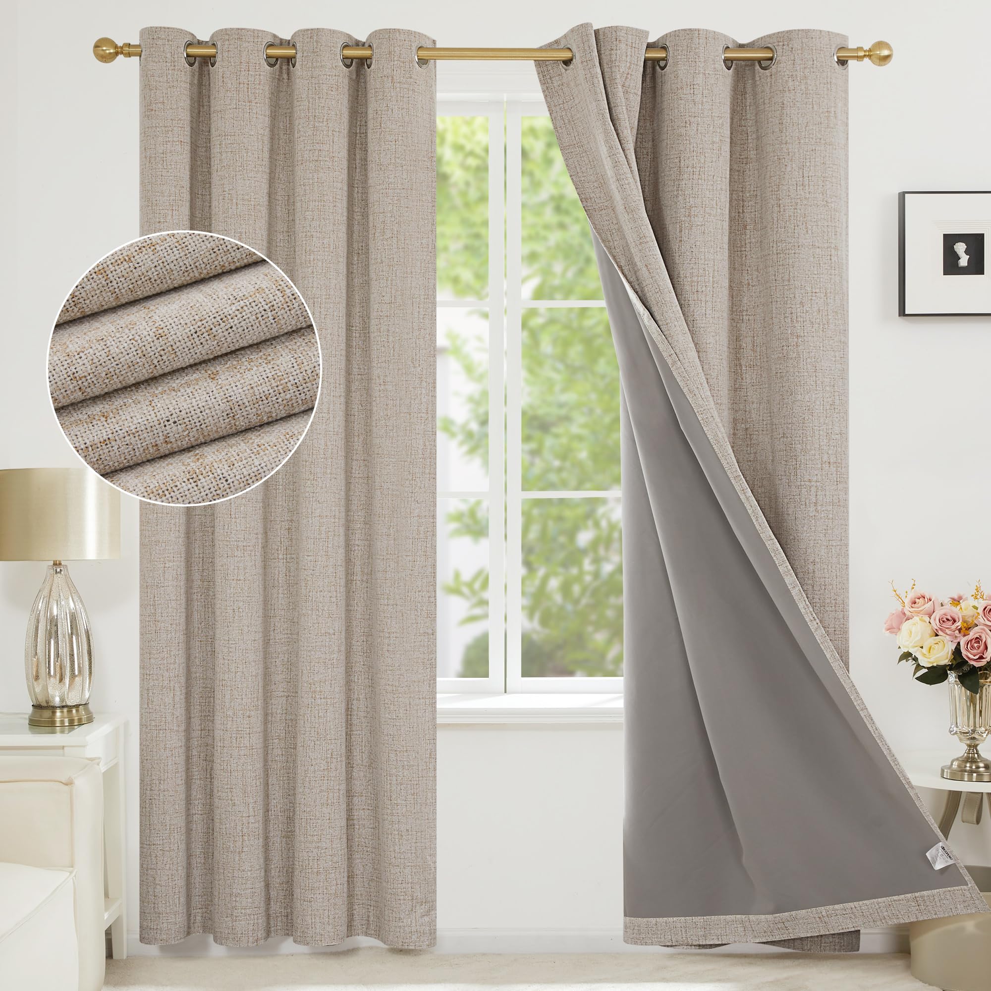 Deconovo Faux Linen 100% Blackout Curtains 90 Inch Drop Thermal Insulated Eyelet Curtains fot Living room with Energy Saving Coating, Taupe, W66 x L90 One Pair