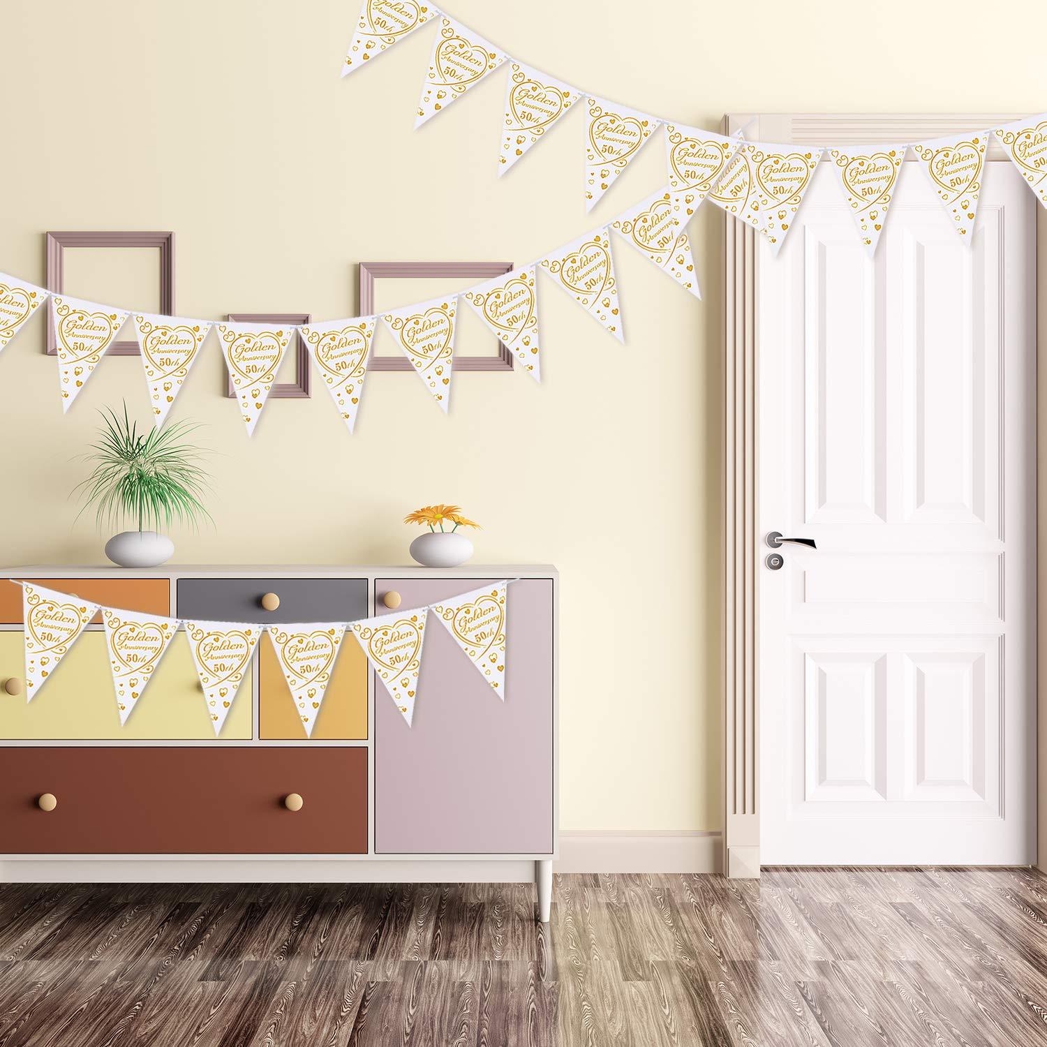 2 Pièces Bannière Du 50e Anniversaire Bannière De Fanion Triangle 50e Anniversaire Guirlande De Bannière Anniversaire D'Or Sur Le Thème Du Coeur Pour Décorations De Fête De Mariage 50e Anniversaire
