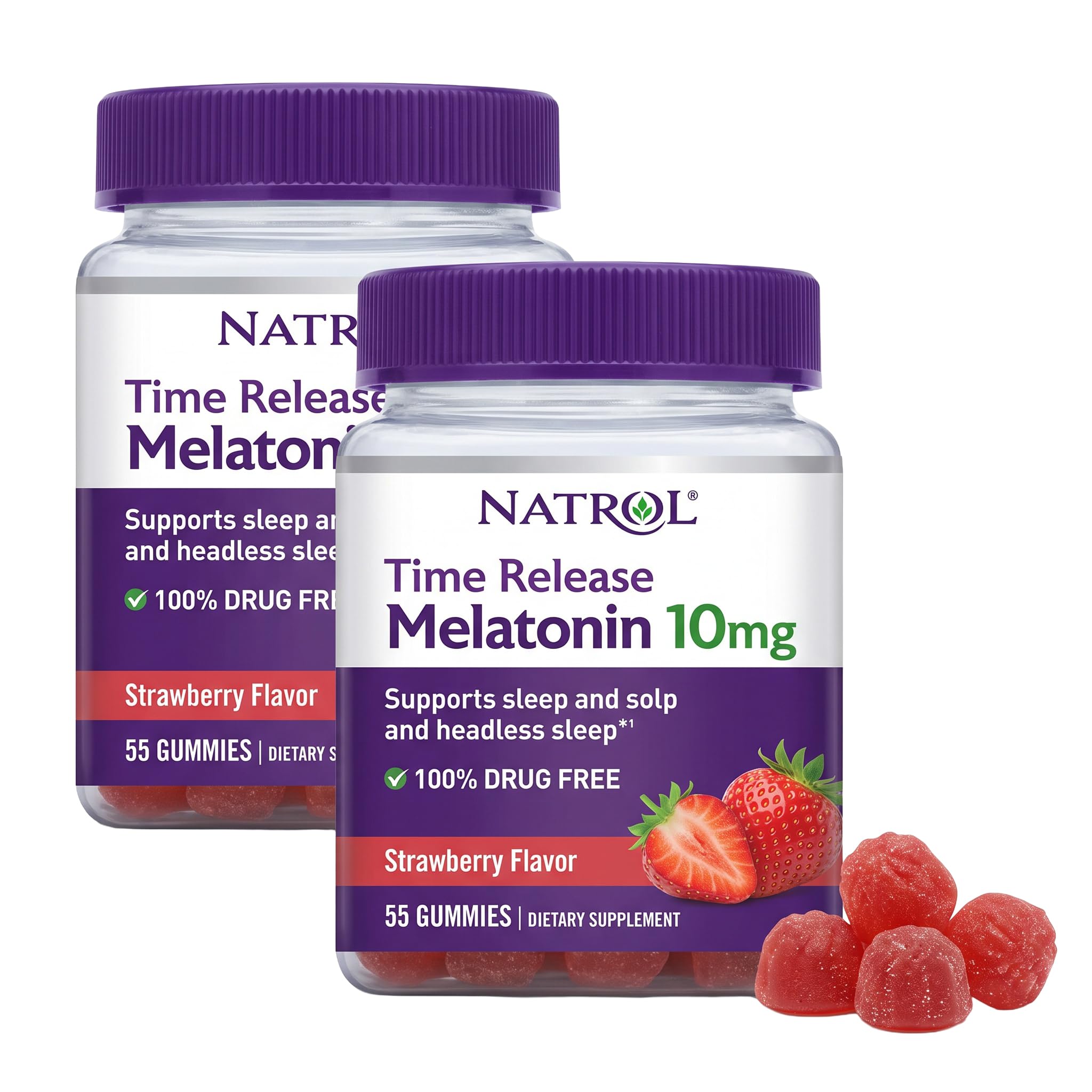 Natrol 10 mg Melatonin Gummies,Time Release Sleep Gummies for Adults,Minimize Wake Ups,Strawberry-Flavored,55 Day Supply,55 Count (Pack of 2)