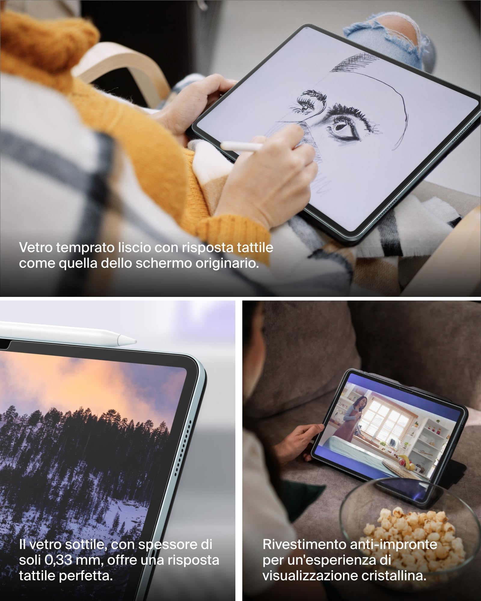 Belkin ScreenForce TemperedGlass Proteggi schermo per iPad Air 11'', vetro temprato con durezza di 9H, spessore di 0,33 mm, antigraffio, installazione facile, compatibile con custodie e Apple Pencil