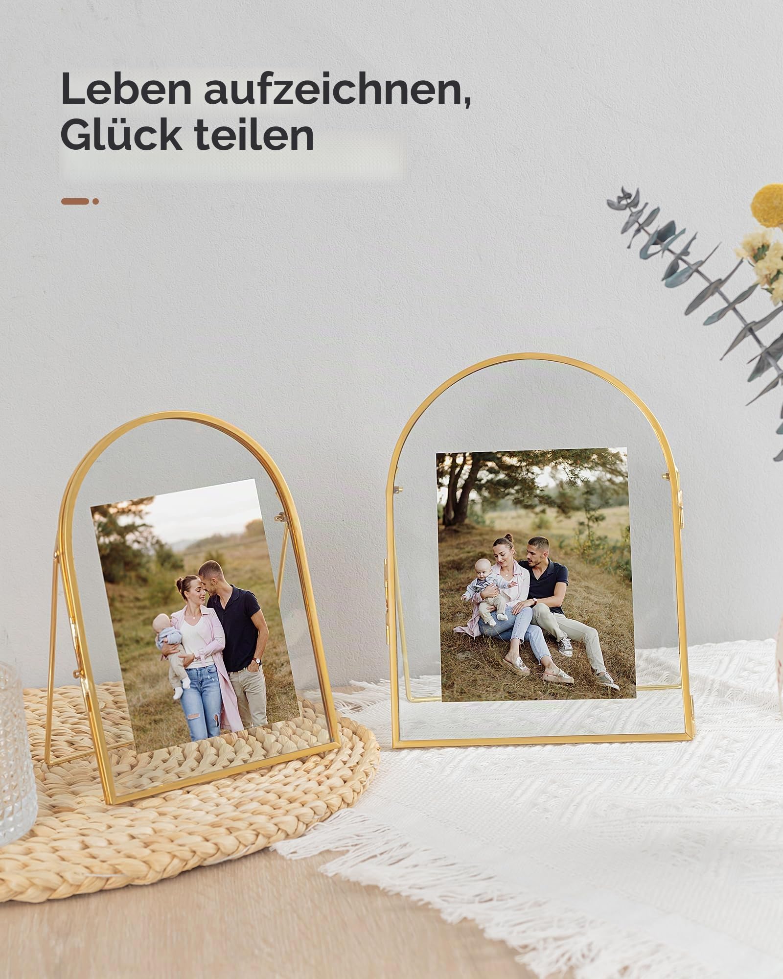 3er-Set schwebende Bilderrahmen in Gold, 4 x 6, 5 x 7, 6 x 8 gewölbte schwebende Glasrahmen, Vintage-Bilderrahmen aus Messing und Gold für die Tischpräsentation von Kunstwerken