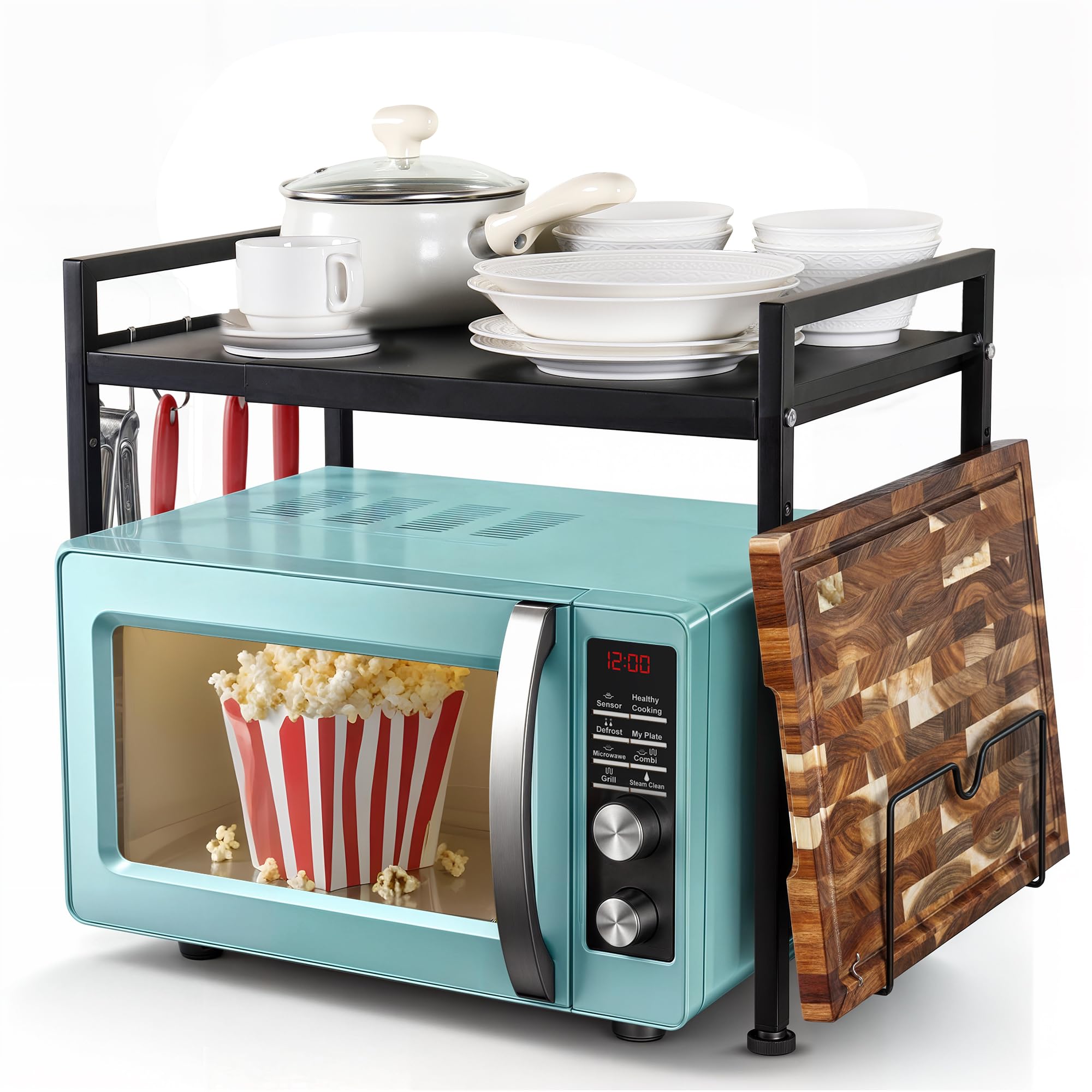 Extendable Microwave Oven Rack – 6 Hooks - Adjustable Microwave Shelf for Kitchen Countertop - Organizer with Cutting Board Mount - Over Microwave Shelf/Microwave Stand for Kitchen Storage