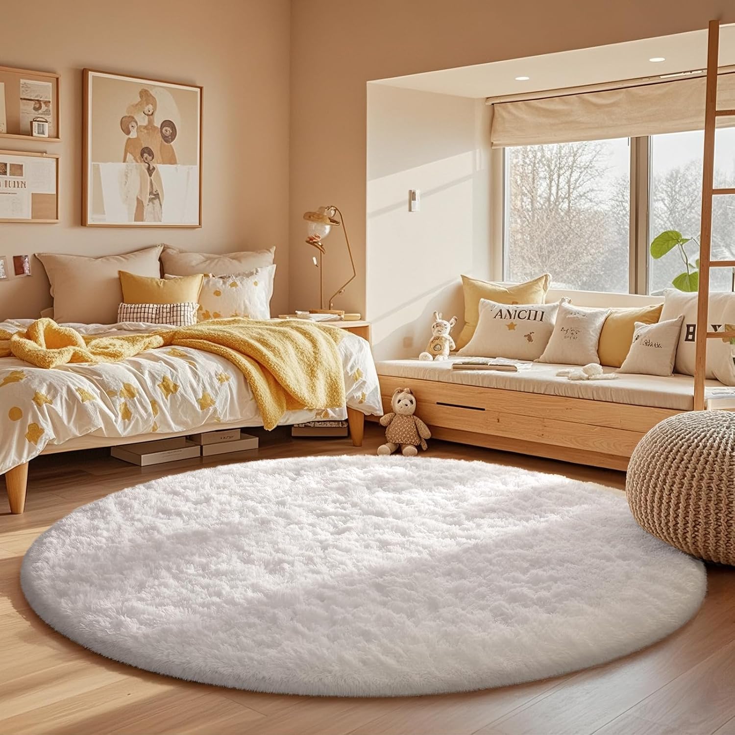 Ophanie Round Rug 5Ft White Circle Area Rug, Aesthetic Room Decor, Fluffy Fuzzy Bedroom Carpet, Plush Soft Shaggy Living Room Rugs for Kids Home Decor, Nursery