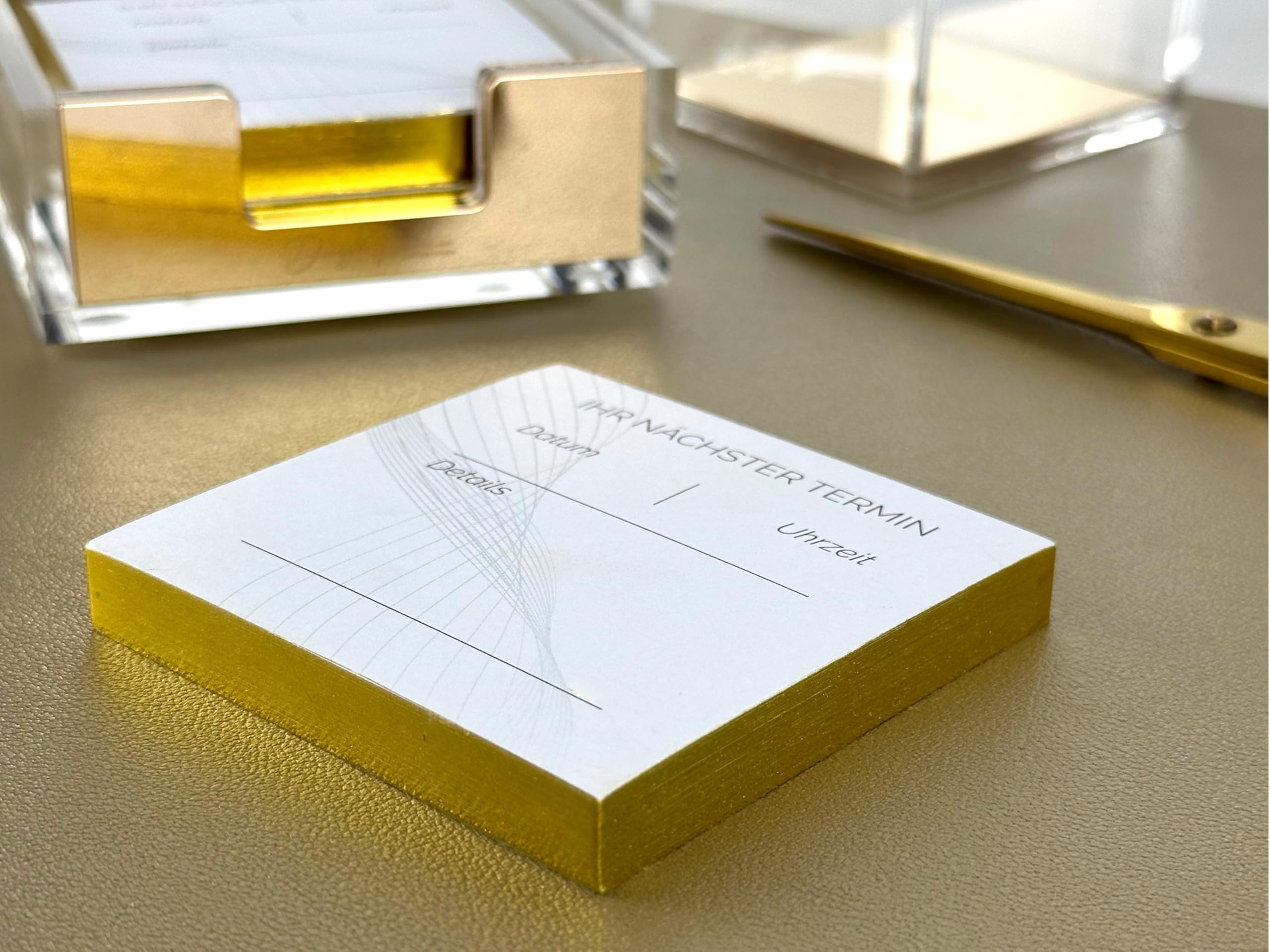 Juego de organizadores de escritorio de alta calidad, para tus clientes, caja de notas acrílica dorada con 2 blocs de citas, 8 x 8 cm, 100 hojas