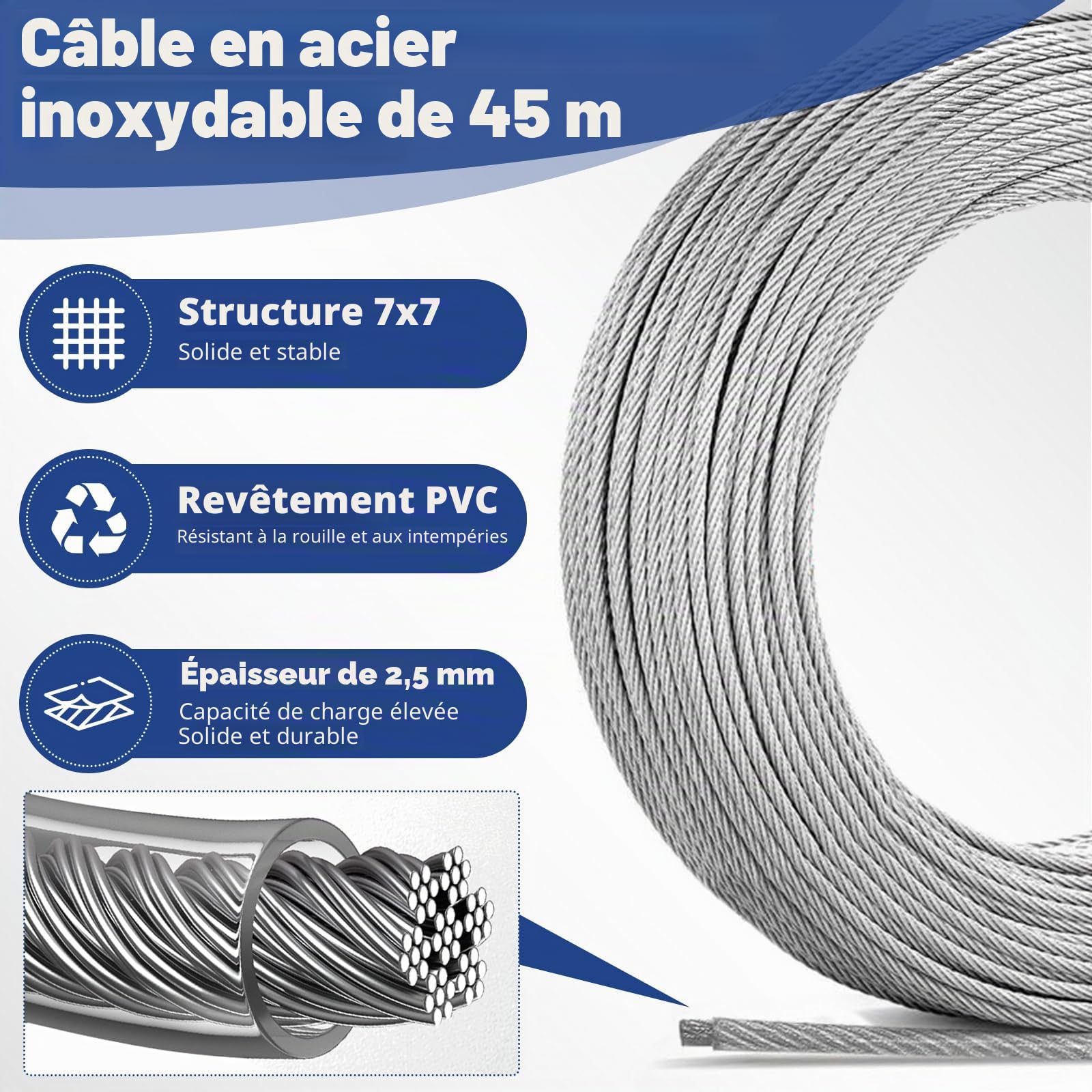 Corde en Acier Inoxydable à Suspendre Kit, 45M 2,5mm Câble en Acier Inoxydable, 304 Cable Acier Inoxydable Enduit de PVC, avec Tendeur Cable, pour Plante Grimpante,Corde à Linge