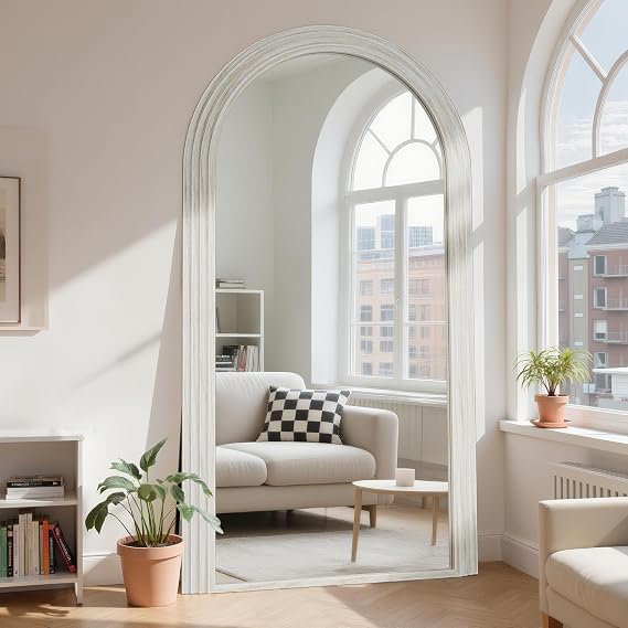 Antok Full Length Mirror 7641 Floor Mirror Standing Tall Mirror, Arched Stand up Large Wall Mirrors, Freestanding Full Body Mirrors for Bedroom Living Room Wood Vintage Style White