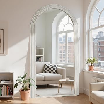 Antok Full Length Mirror 7641 Floor Mirror Standing Tall Mirror, Arched Stand up Large Wall Mirrors, Freestanding Full Body Mirrors for Bedroom Living Room Wood Vintage Style White
