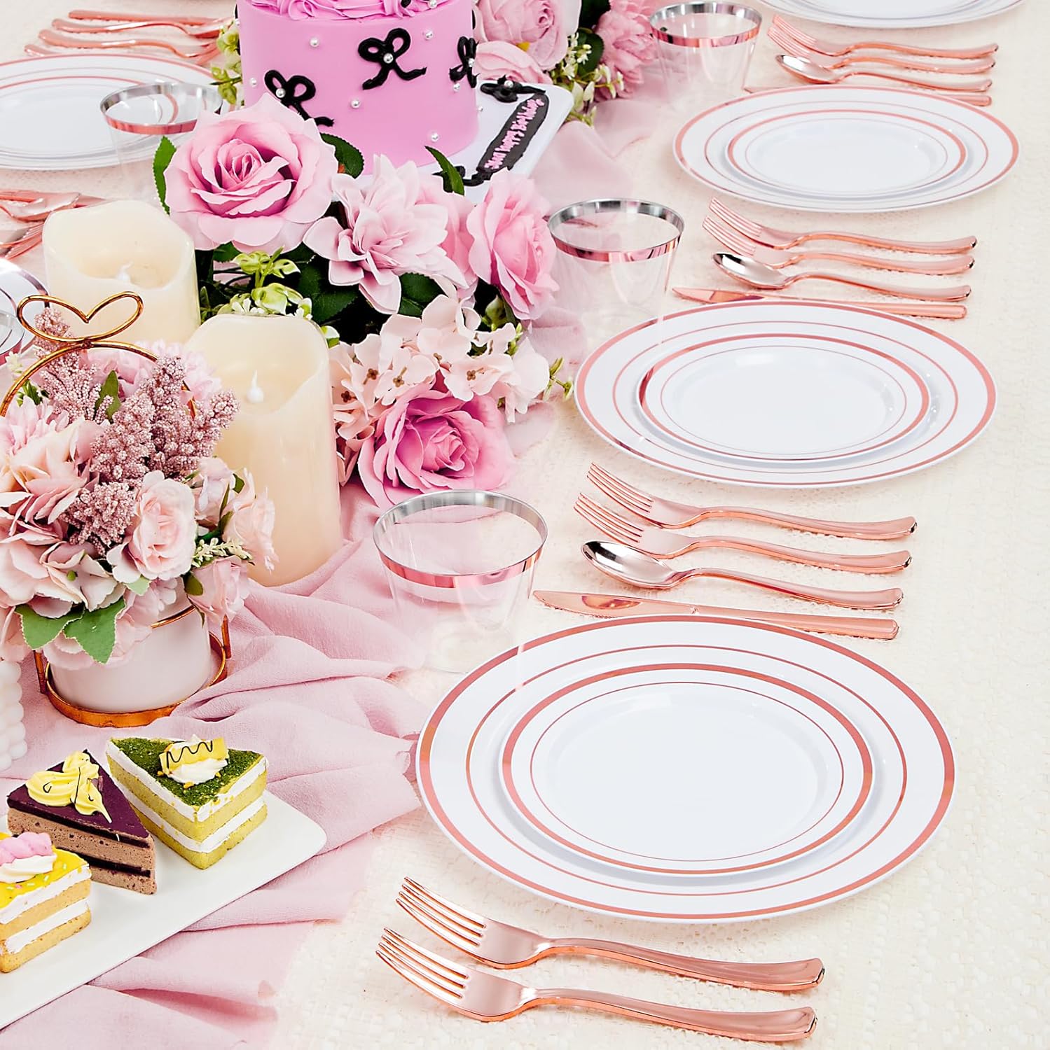 WELLIFE 600 PCS Rose Gold Disposable Dinnerware Set for 100 Guests, Valentine's Day Plate, 100 Each-Dinner & Salad Plates, Cups, Forks Knives Spoons for Wedding Reception and Mothers Day Plates - Image 7