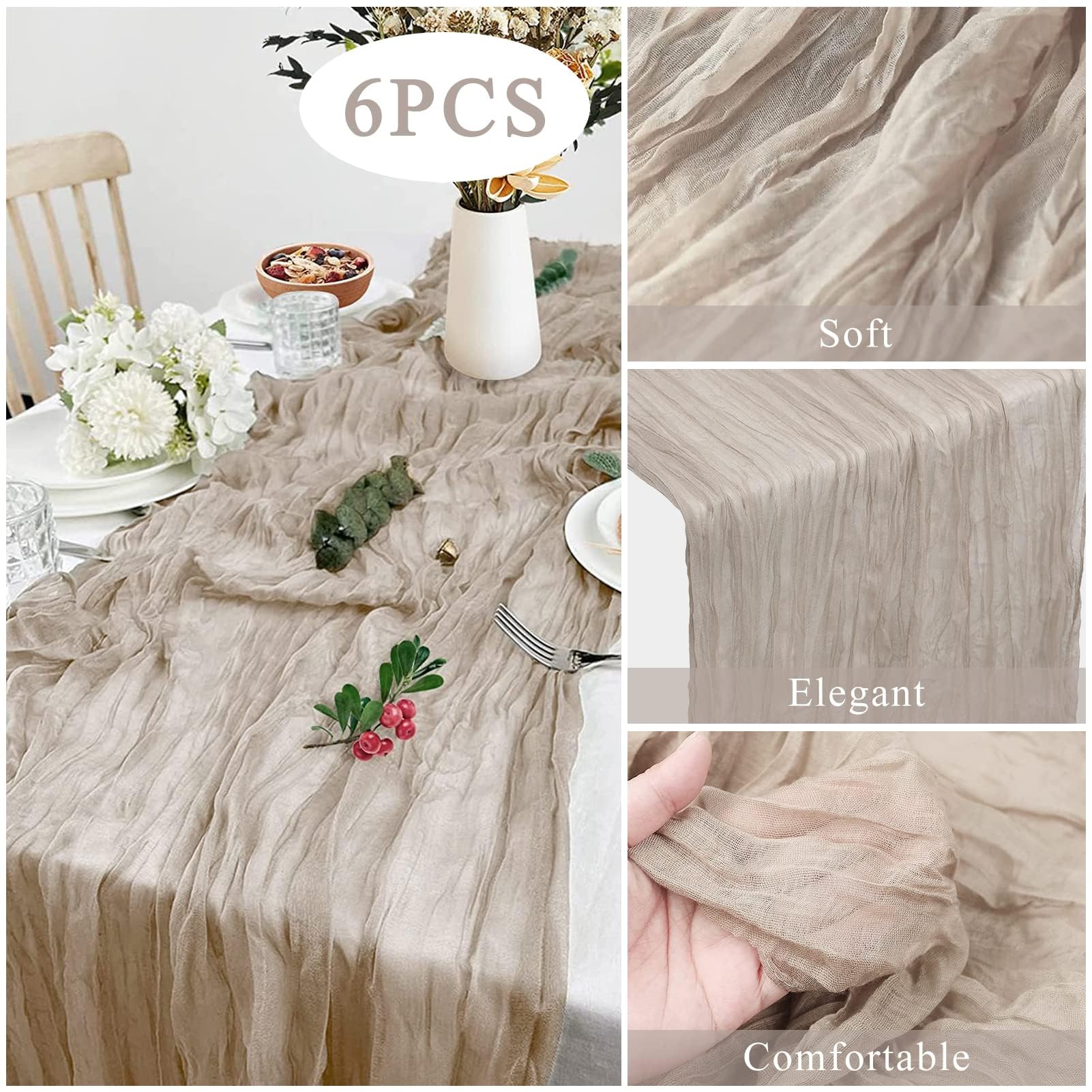 Tischläufer käsetuch, 6 Stück Käsetuch Tischläufer Boho-Gaze, 90 x 400 cm, 13 Fuß Tisch Läufer Halbtransparenter für Hochzeit Party Urlaub Dekoration Tischdekoration(Helle Kamelfarbe)