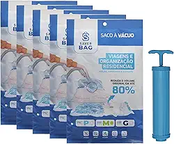 Kit 05 Sacos a Vacuo Grandes SaverBag e bomba de sucção Inclusa Linha Premiun com 7 camadas de Proteção 60x80 ideal para edredons, cobertores, pelucias e organização domestica, 100% reutilizaveis.